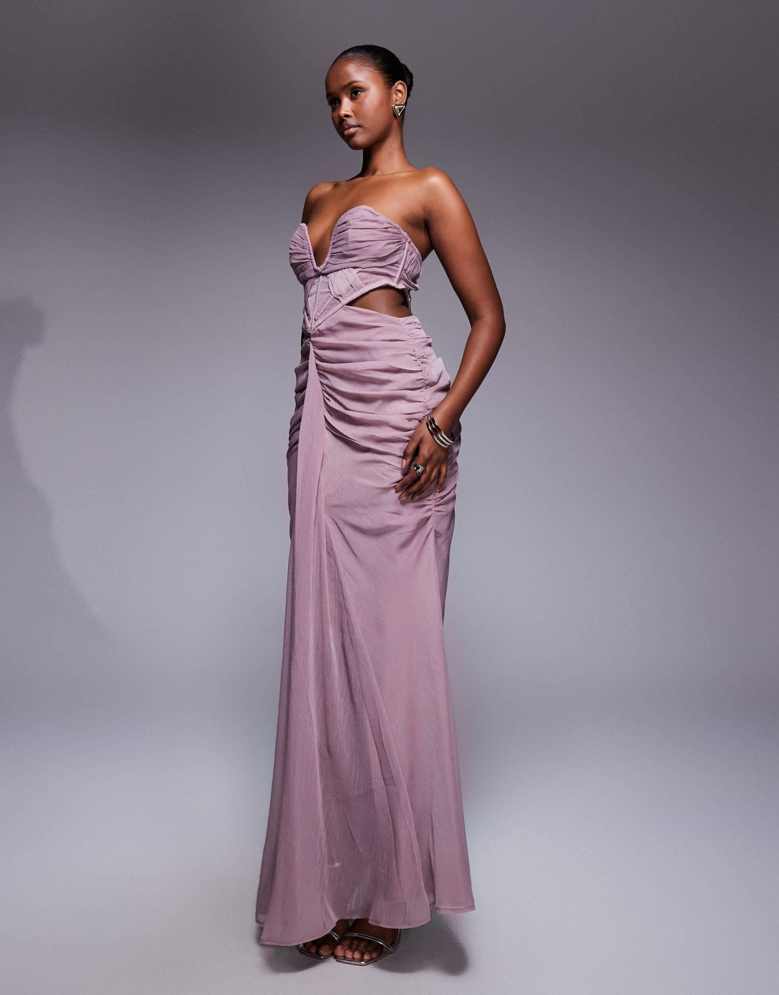 ASOS DESIGN corset detail plunge ruched maxi dress with cut out in mau