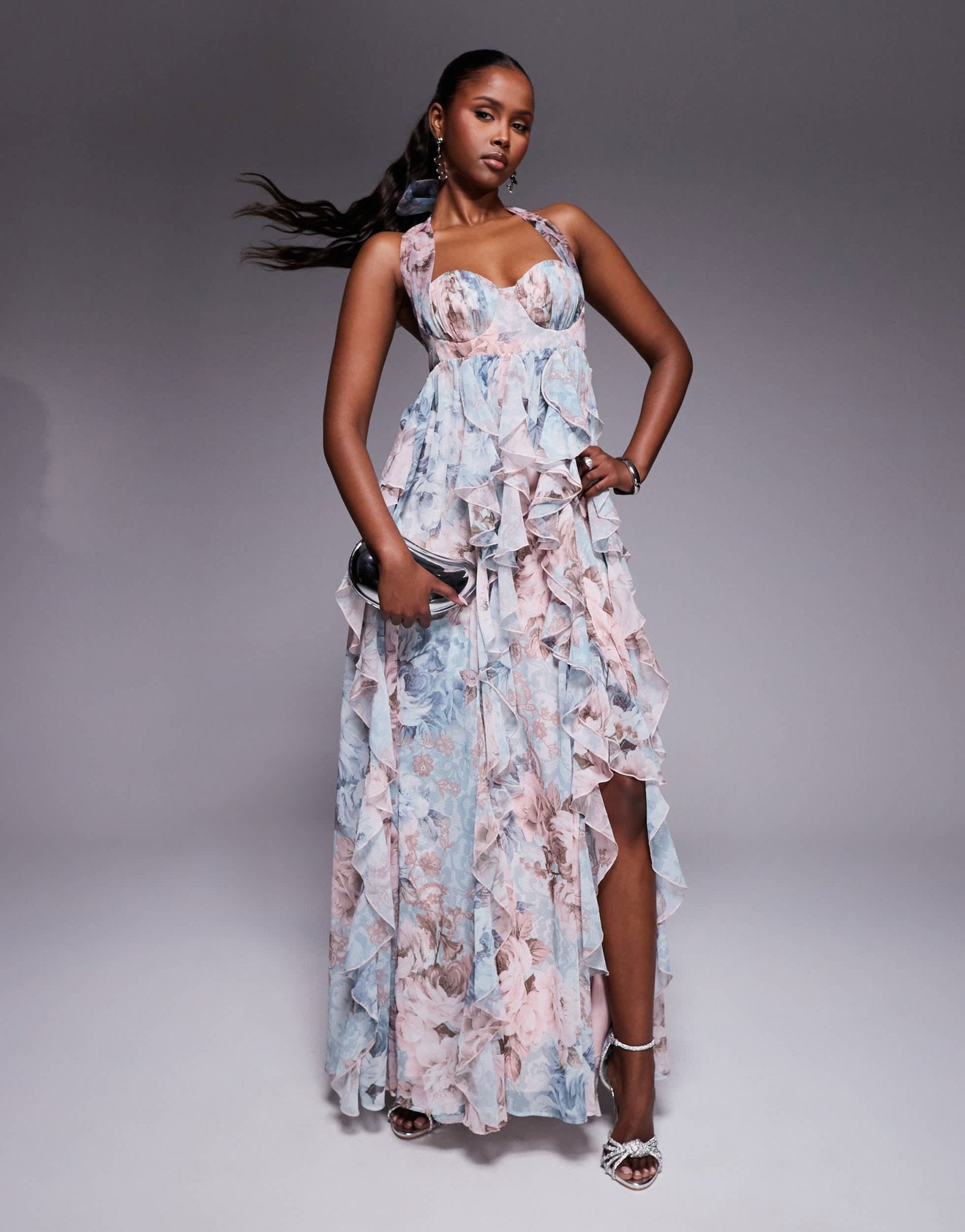 asos floral maxi dress LUXE halter with waterfall ruffles in lace prin – ASOS Sample Sale EU Store Elegant Black Tie Prom quality polyester SS2022WOMEN Color:Cayman Blue-Cornflower