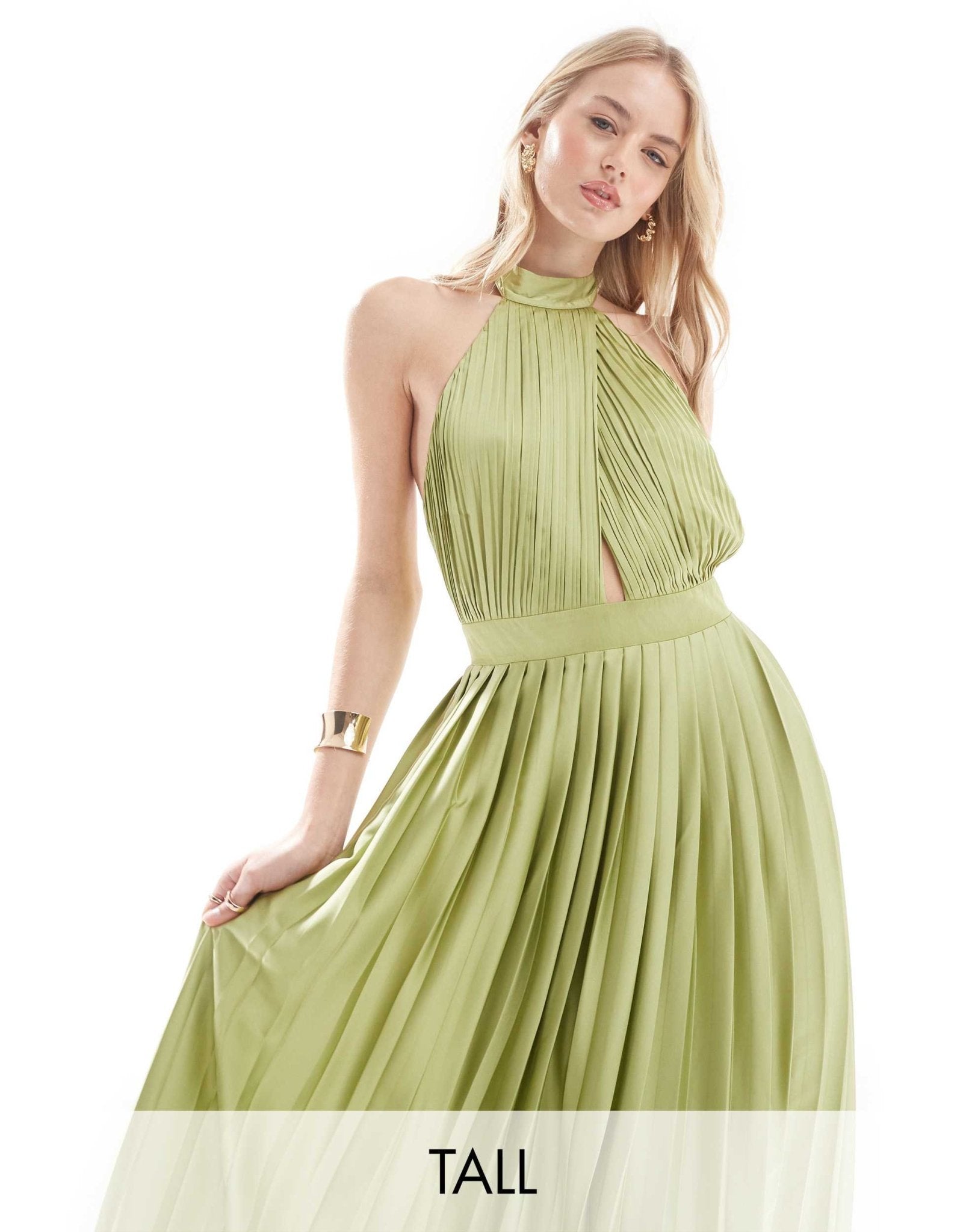 TFNC Tall Bridesmaid satin pleated halterneck maxi dress with full ski – ASOS Sample Sale EU Store