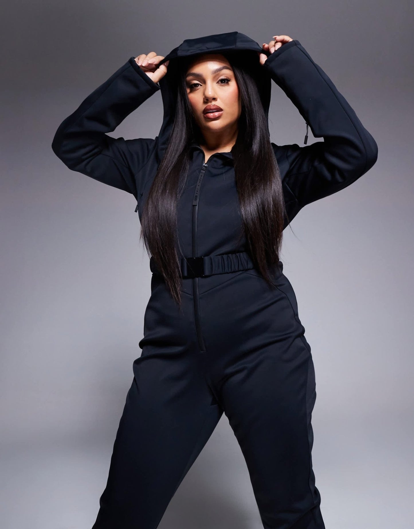 4505 Curve Ski belted ski suit with skinny leg and hood in black - ASOS Sample Sale EU Store