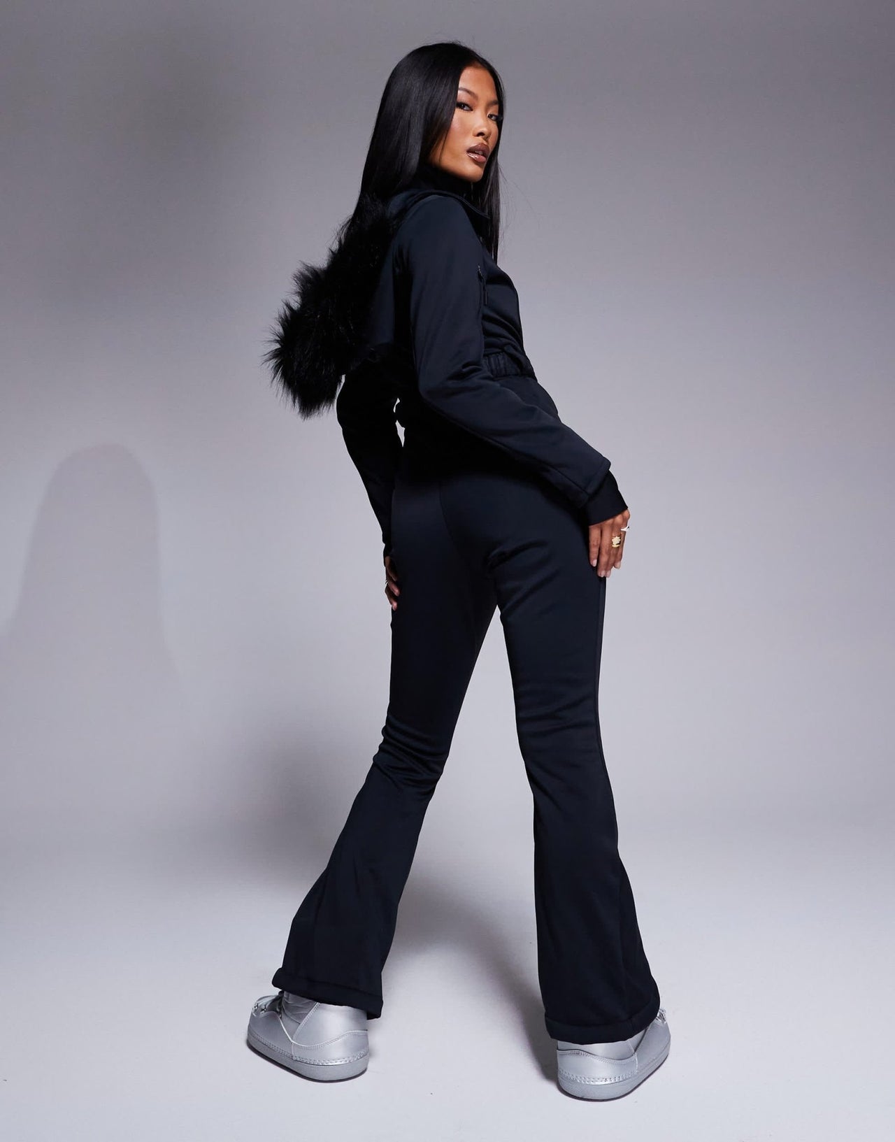4505 Petite Ski belted ski suit with slim kick leg and faux fur hood in black - ASOS Sample Sale EU Store