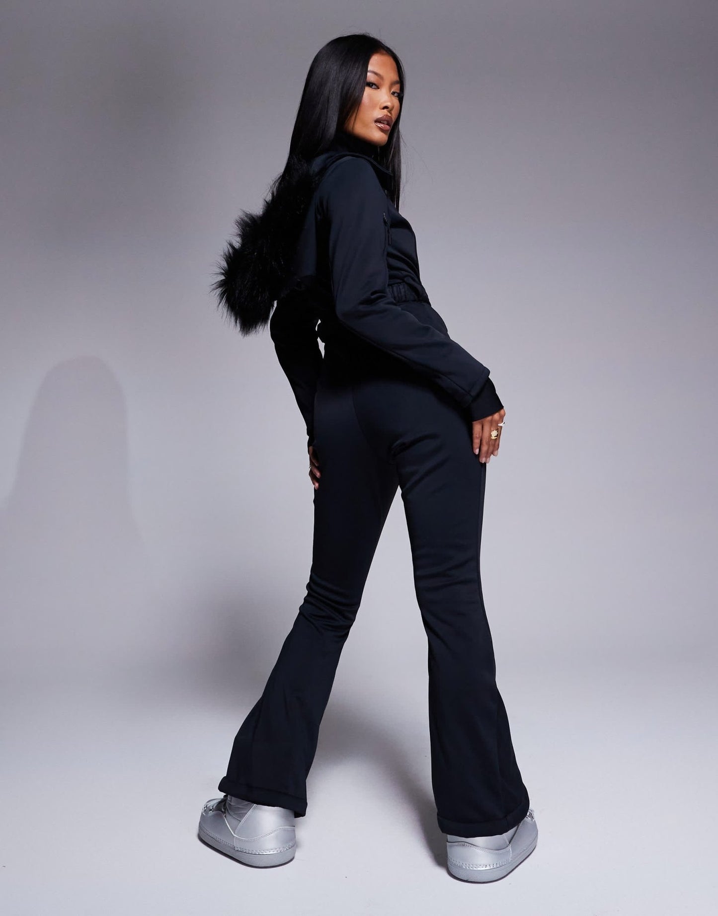 4505 Petite Ski belted ski suit with slim kick leg and faux fur hood in black - ASOS Sample Sale EU Store