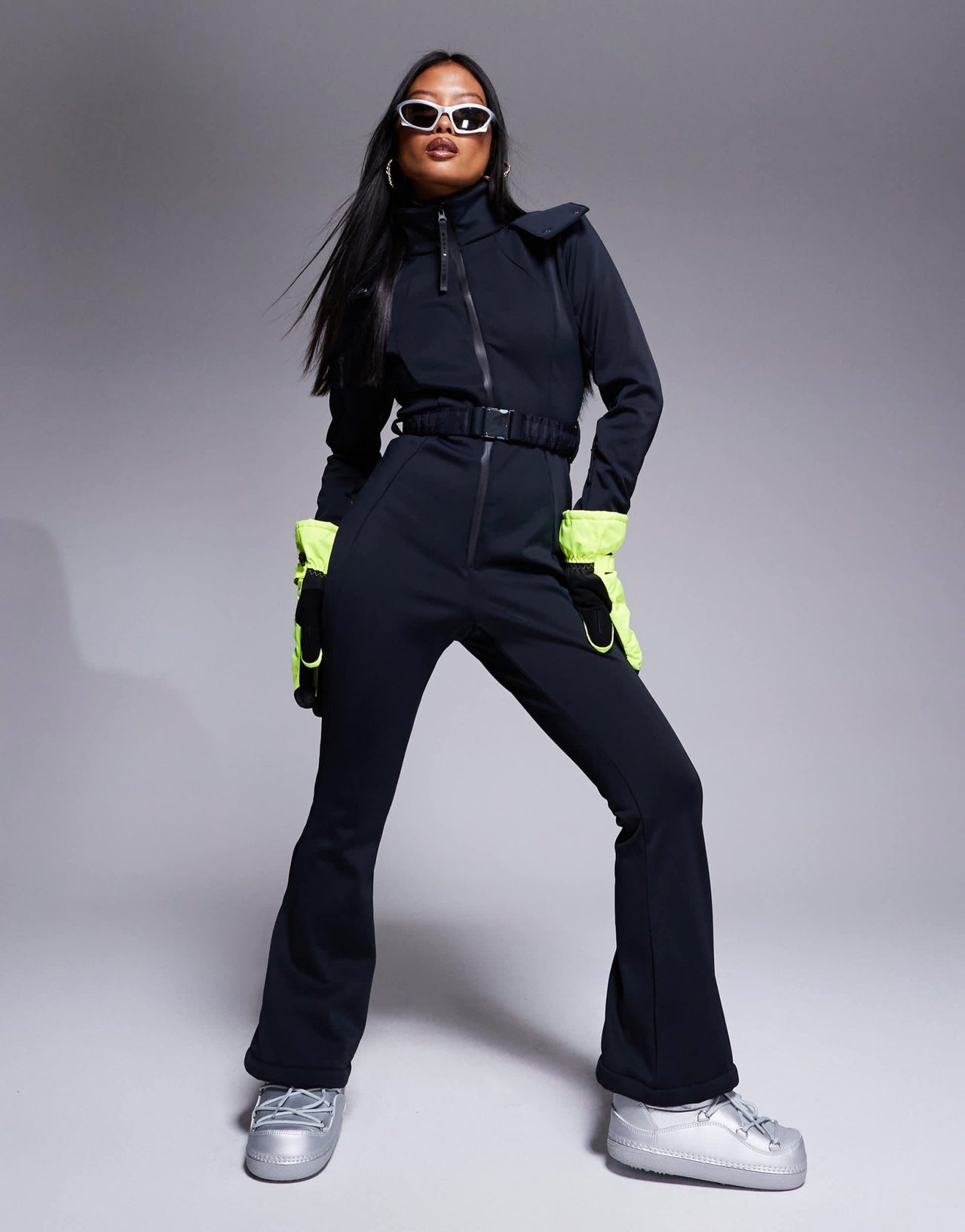 4505 Petite Ski belted ski suit with slim kick leg and faux fur hood in black - ASOS Sample Sale EU Store