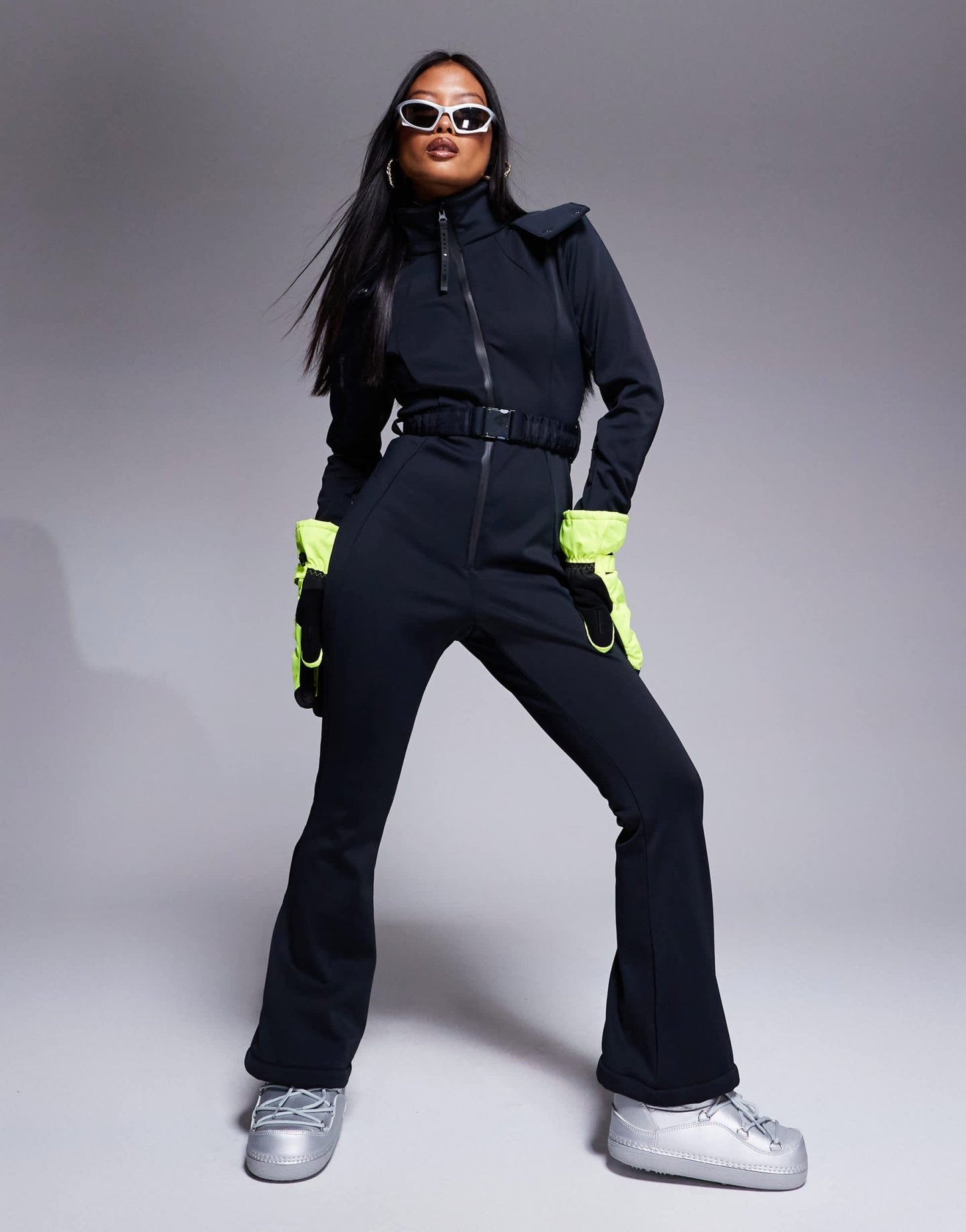 4505 Petite Ski belted ski suit with slim kick leg and faux fur hood in black - ASOS Sample Sale EU Store