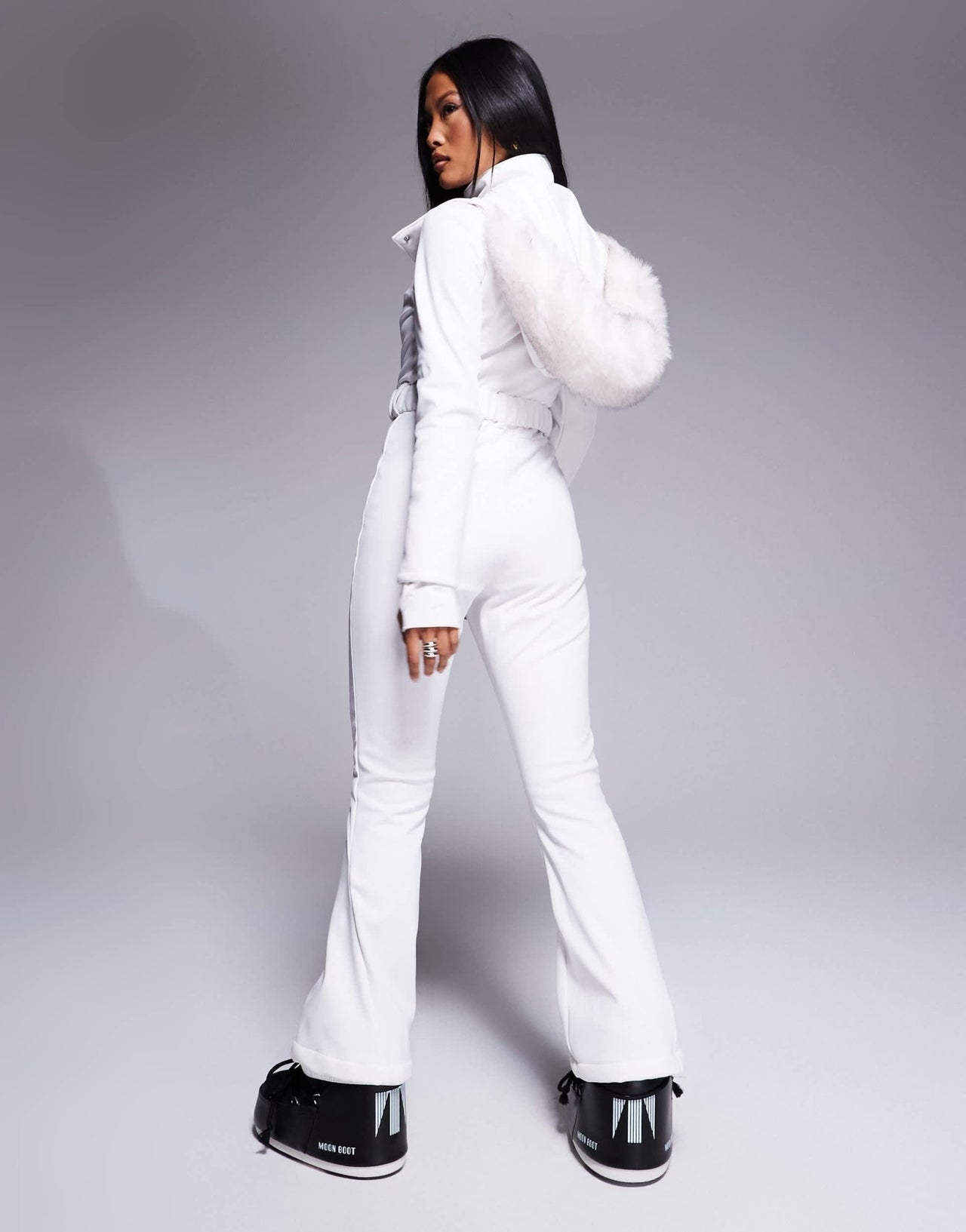 4505 Petite Ski belted ski suit with slim kick leg and faux fur hood in white - ASOS Sample Sale EU Store