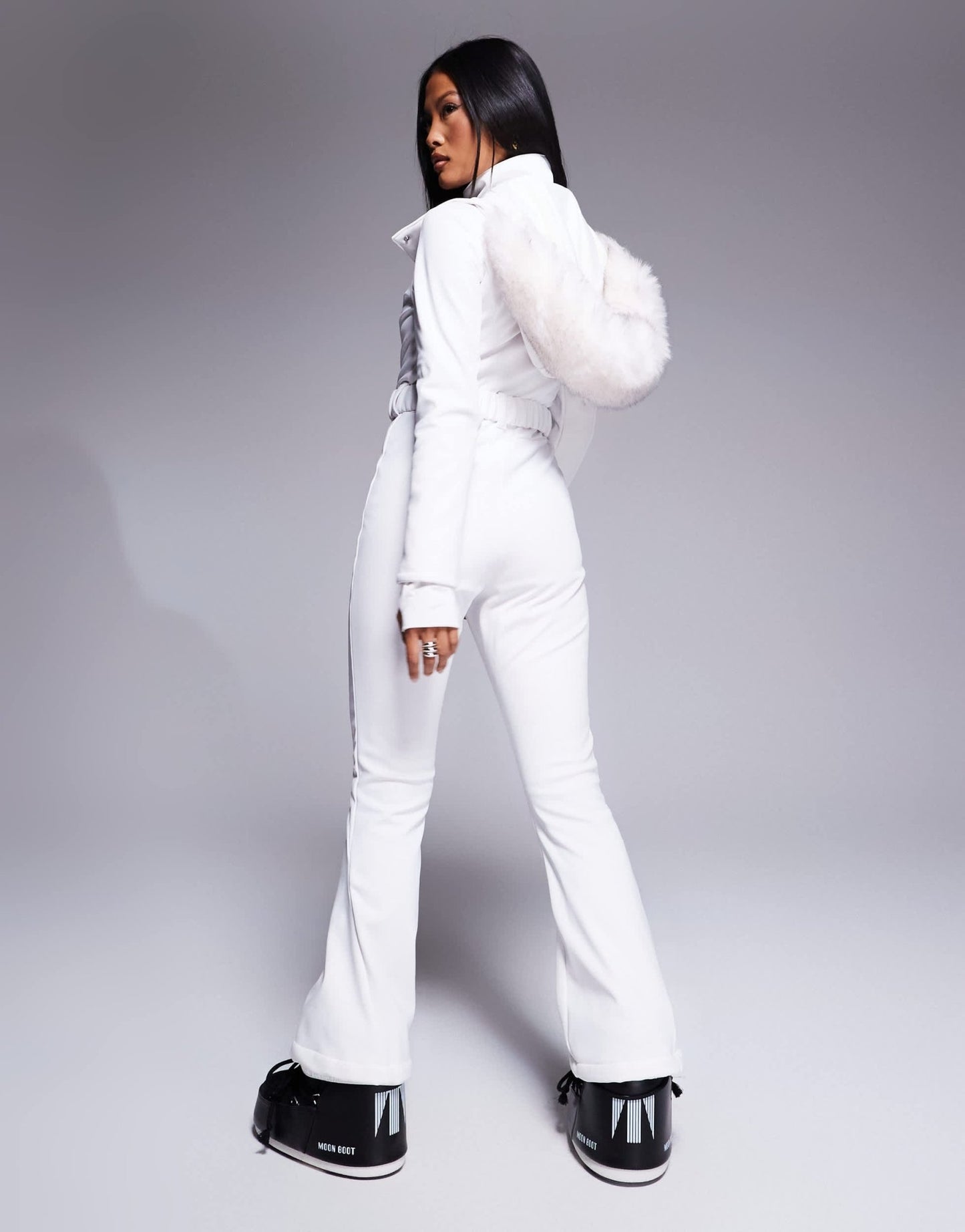 4505 Petite Ski belted ski suit with slim kick leg and faux fur hood in white - ASOS Sample Sale EU Store