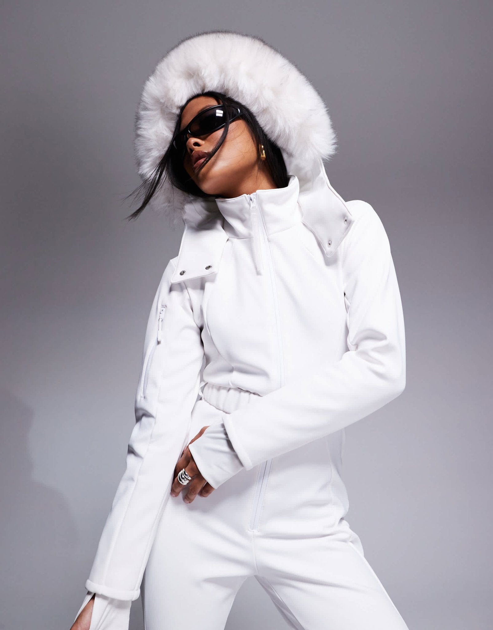 4505 Petite Ski belted ski suit with slim kick leg and faux fur hood in white - ASOS Sample Sale EU Store