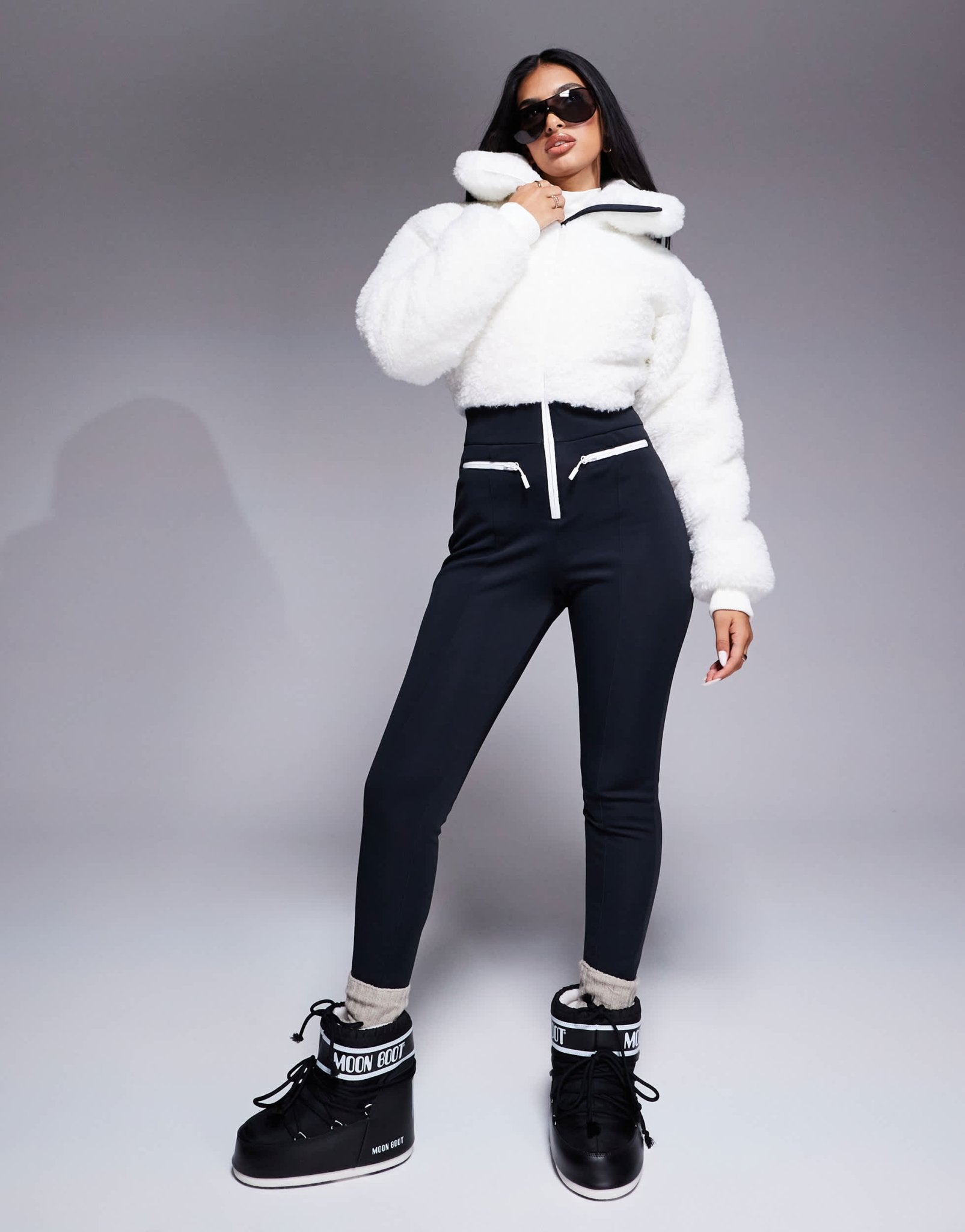 4505 Ski suit with faux fur panels and skinny leg in black and white - ASOS Sample Sale EU Store