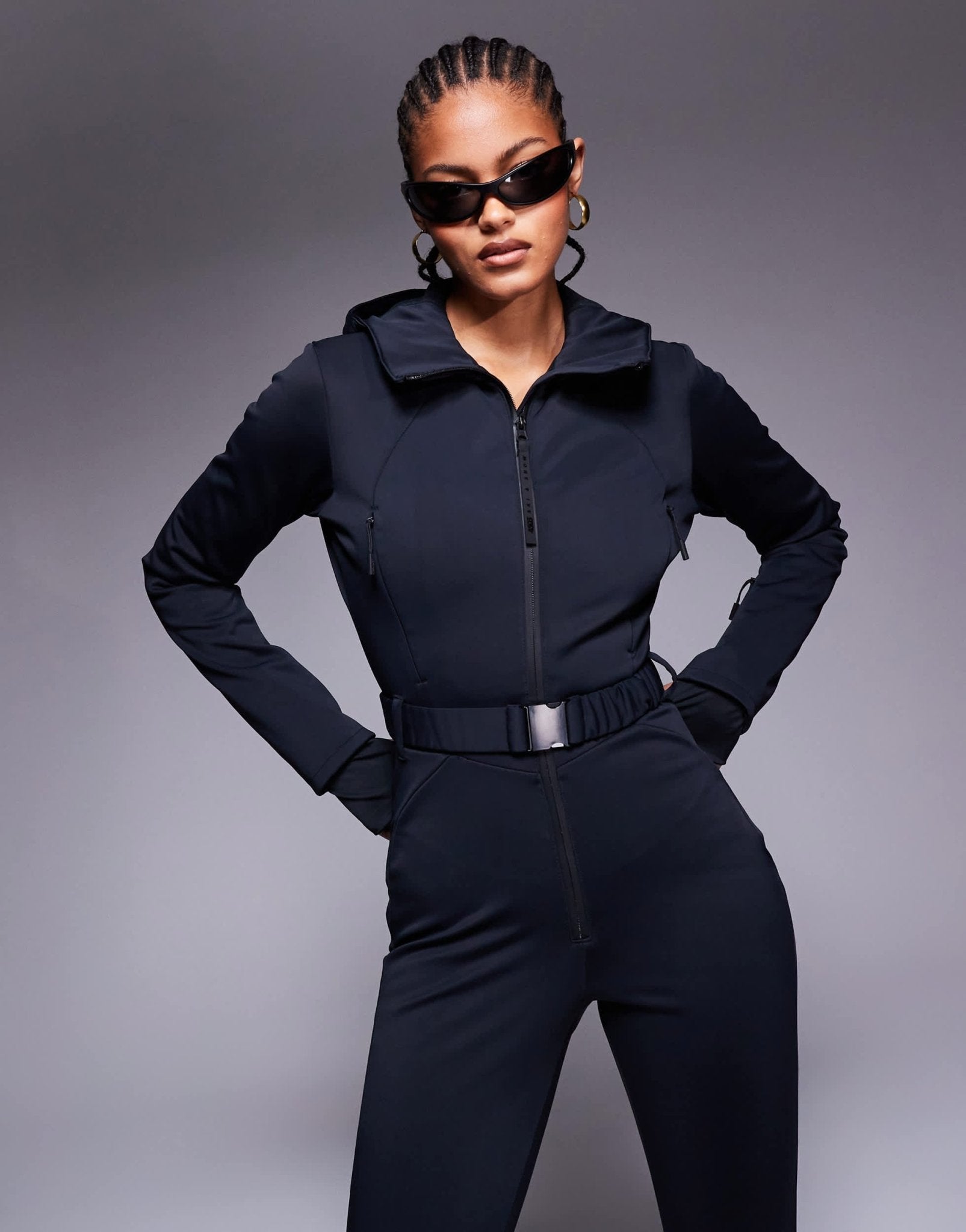 4505 Tall Ski belted ski suit with skinny leg and hood in black - ASOS Sample Sale EU Store