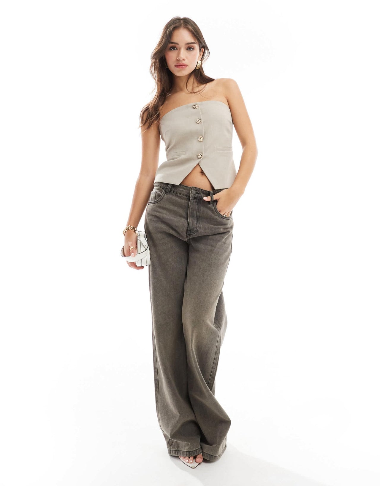 4th & Reckless bandeau gold button detail top in beige - ASOS Sample Sale EU Store