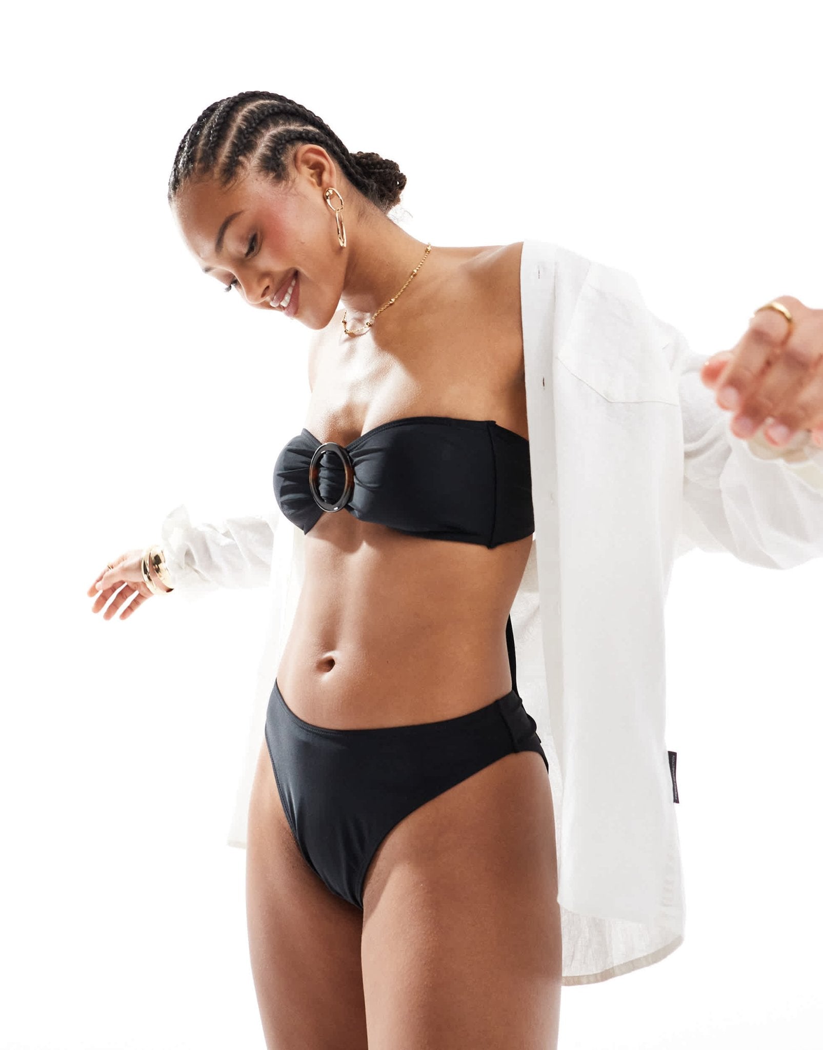 4th & Reckless bandeau tortoise shell buckle tie back bikini top co - ord in black - ASOS Sample Sale EU Store