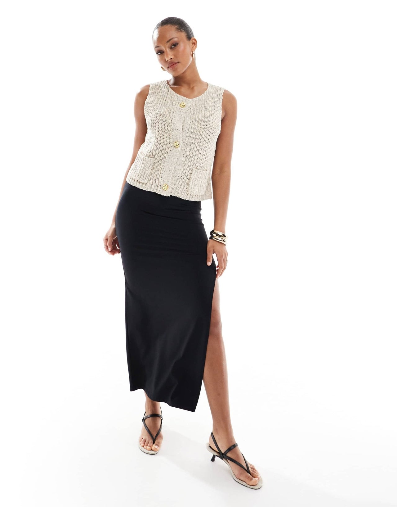 4th & Reckless boucle knit gold button detail sleeveless waistcoat top in beige - ASOS Sample Sale EU Store