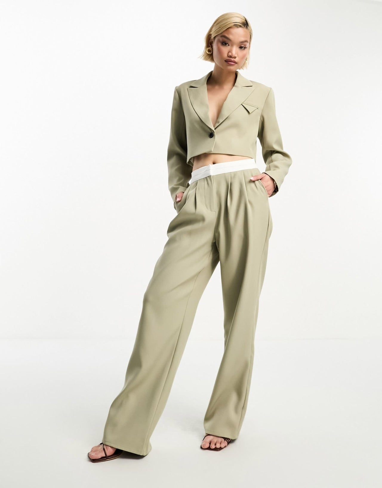 4th & Reckless contrast waistband trouser co - ord in khaki - ASOS Sample Sale EU Store