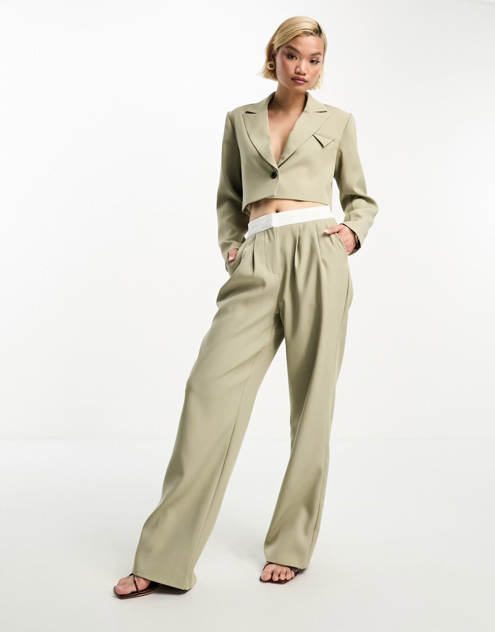 4th & Reckless contrast waistband trouser co - ord in khaki - ASOS Sample Sale EU Store