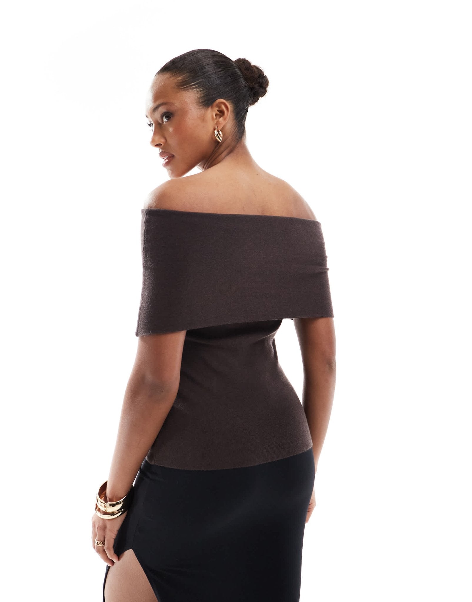 4th & Reckless deep foldover bandeau longline knitted top in chocolate - ASOS Sample Sale EU Store