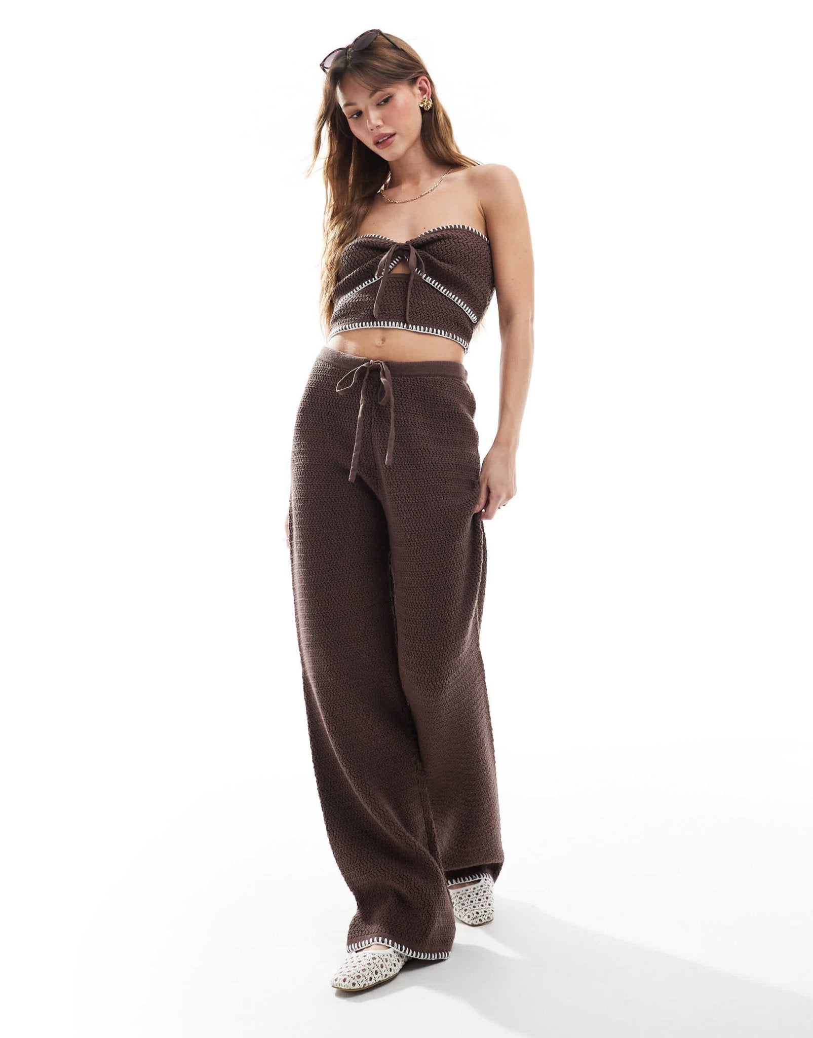 4th & Reckless knitted contrast stitch beach trouser co - ord in chocolate - ASOS Sample Sale EU Store