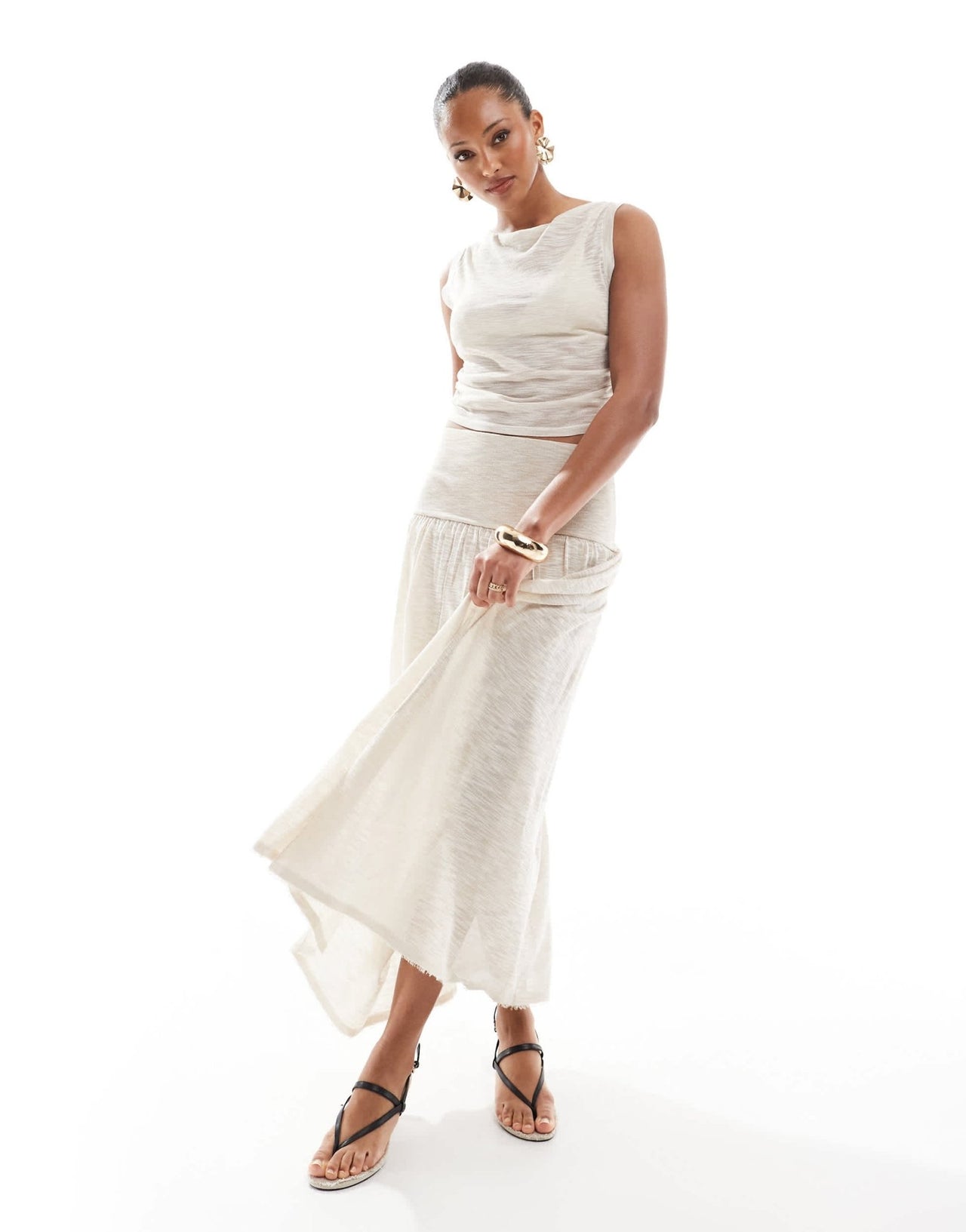 4th & Reckless knitted deep waistband drop waist maxi skirt co - ord in beige - ASOS Sample Sale EU Store