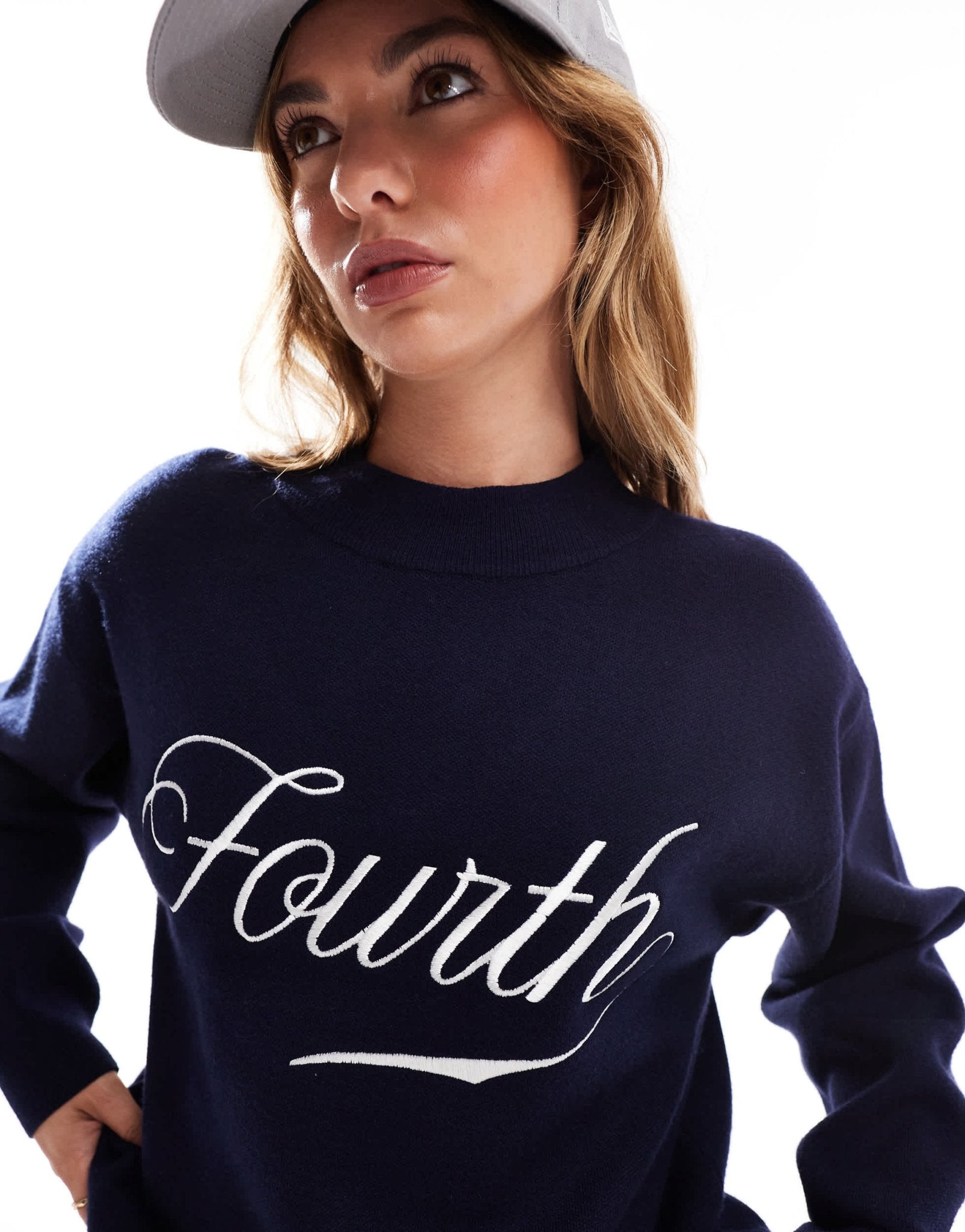 4th & Reckless knitted high neck embroidered logo jumper co - ord in navy - ASOS Sample Sale EU Store