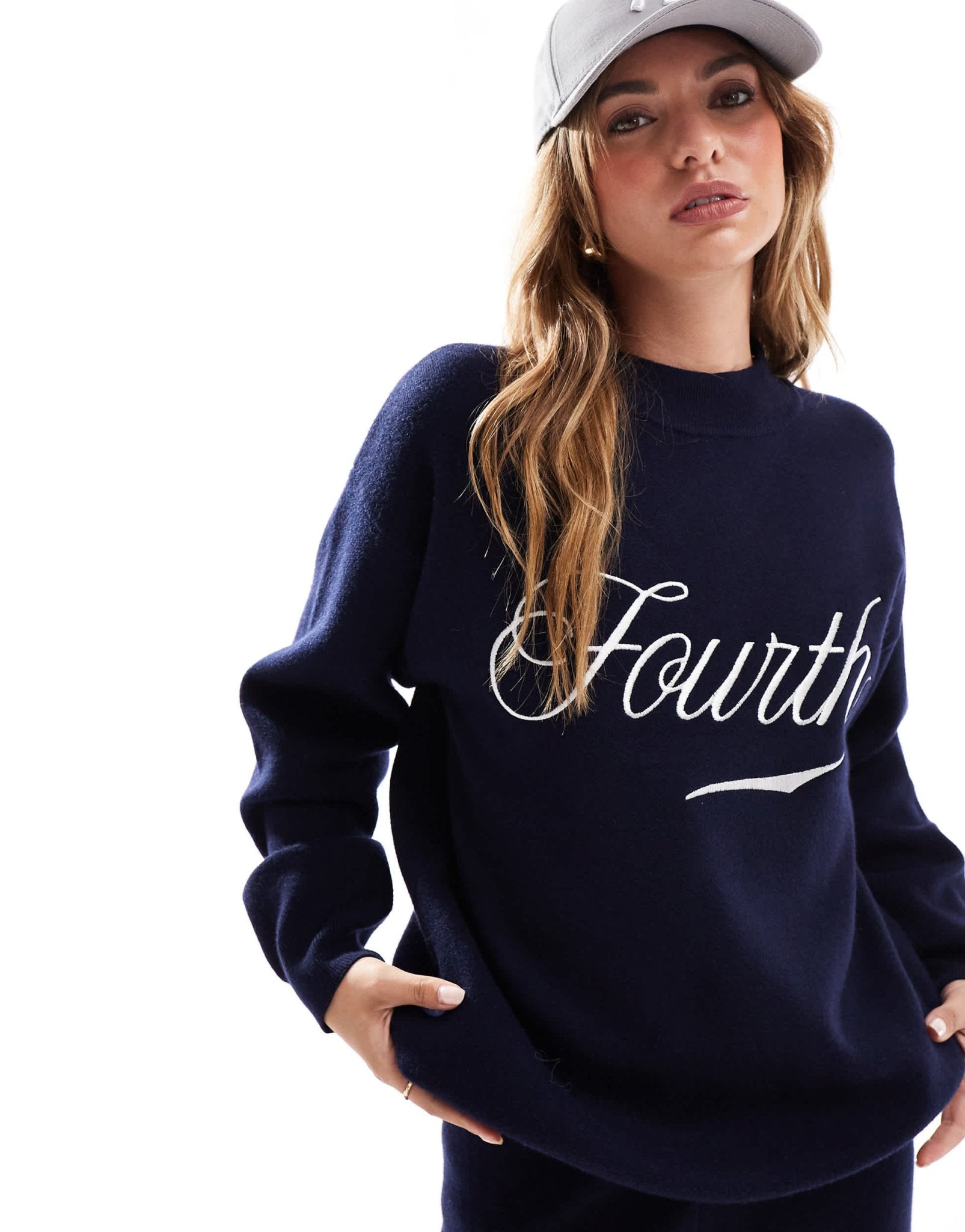 4th & Reckless knitted high neck embroidered logo jumper co - ord in navy - ASOS Sample Sale EU Store