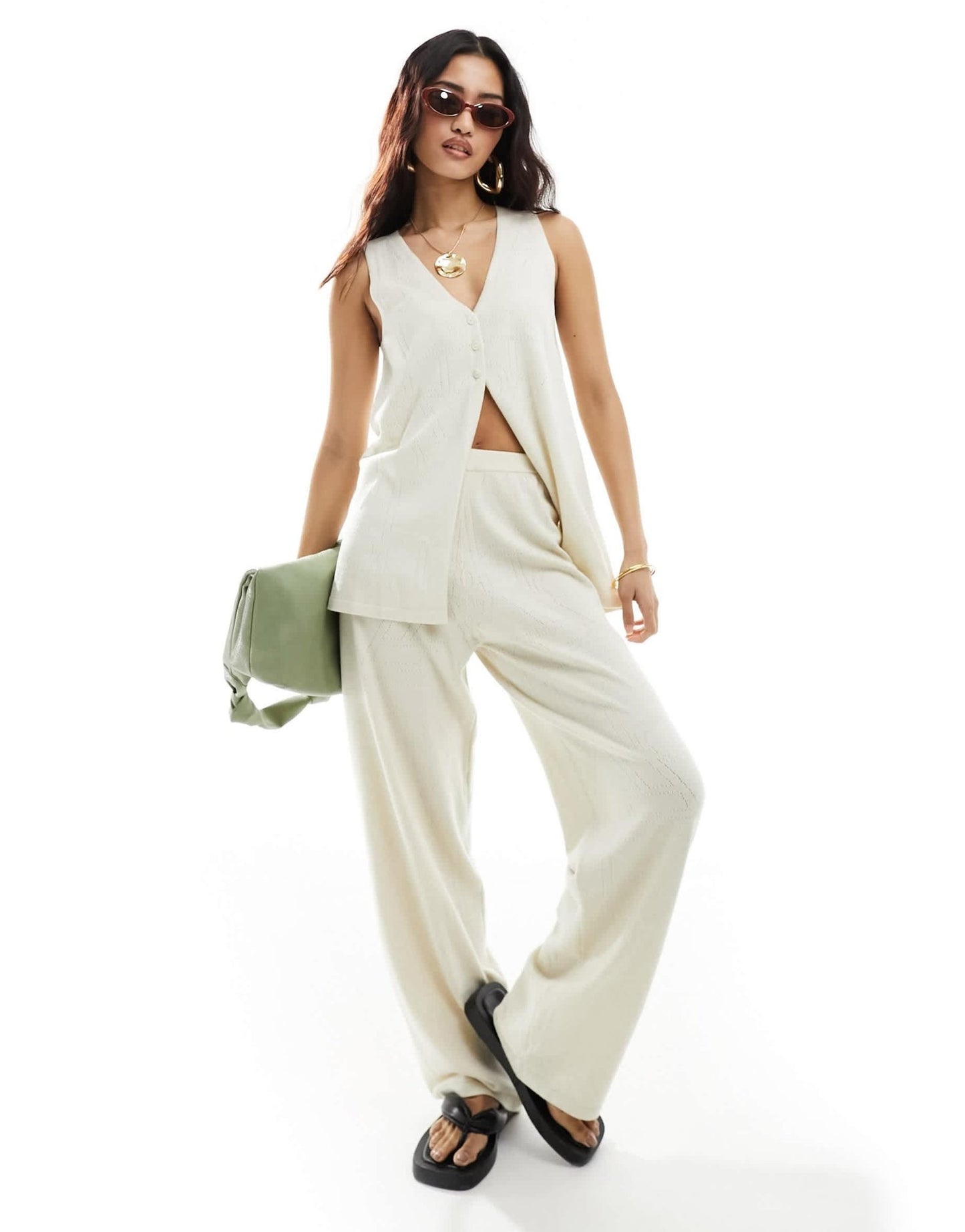 4th & Reckless knitted pointelle straight leg trousers co - ord in cream - ASOS Sample Sale EU Store