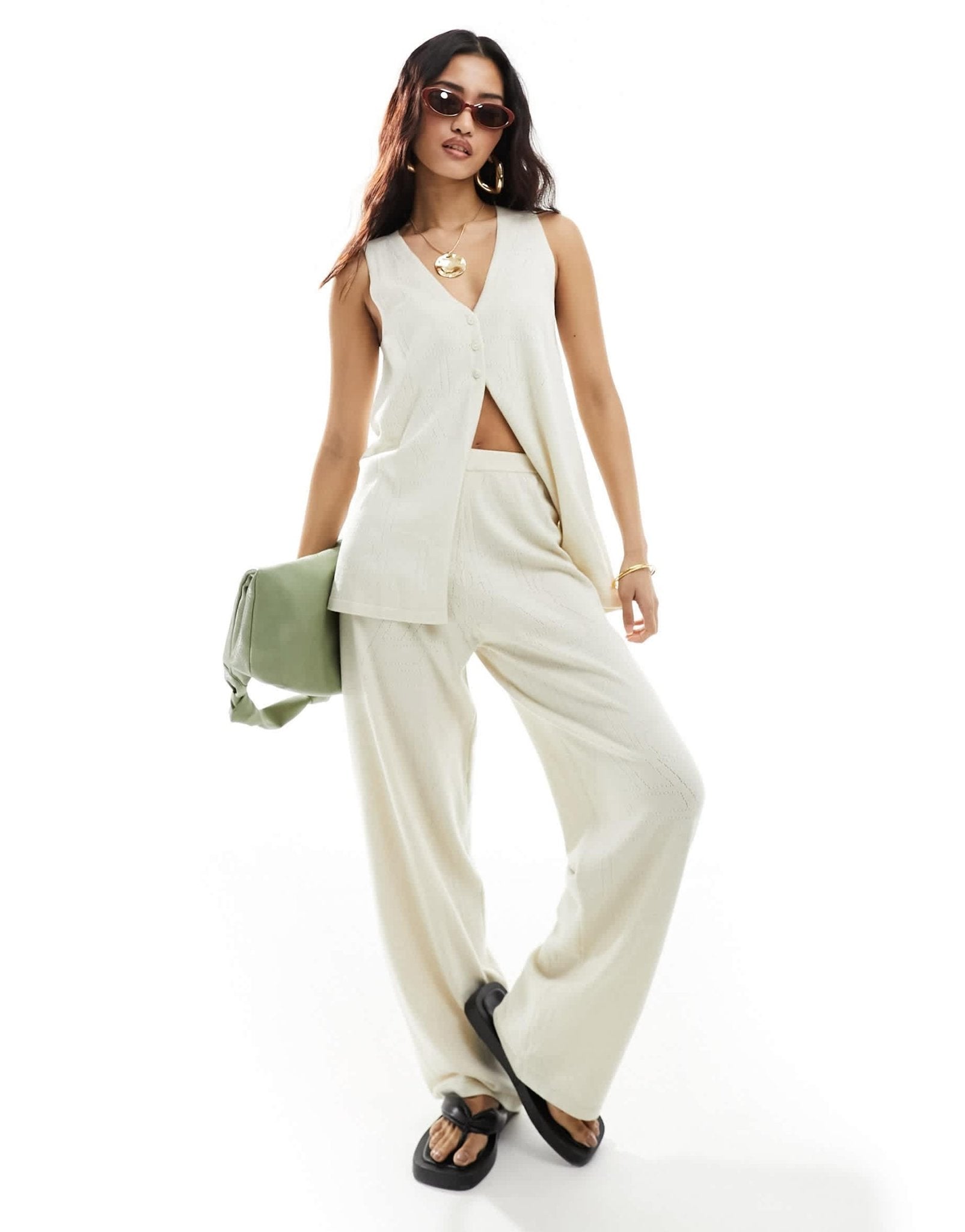 4th & Reckless knitted pointelle straight leg trousers co - ord in cream - ASOS Sample Sale EU Store