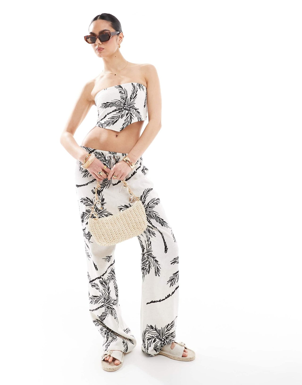 4th & Reckless linen blend bandeau scarf tie back top co - ord in beige palm print - ASOS Sample Sale EU Store