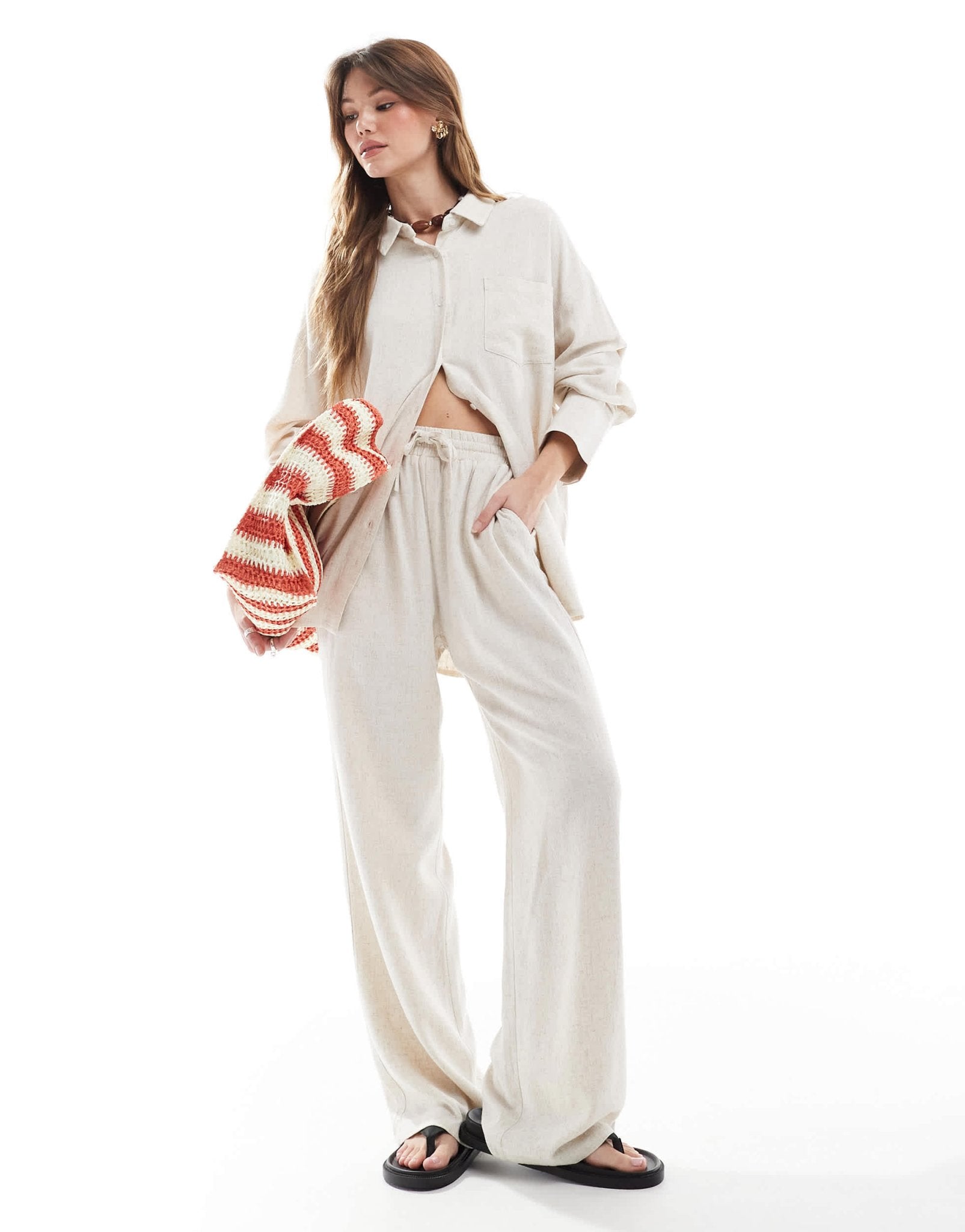 4th & Reckless linen blend tie waist wide leg trouser co - ord in beige - ASOS Sample Sale EU Store