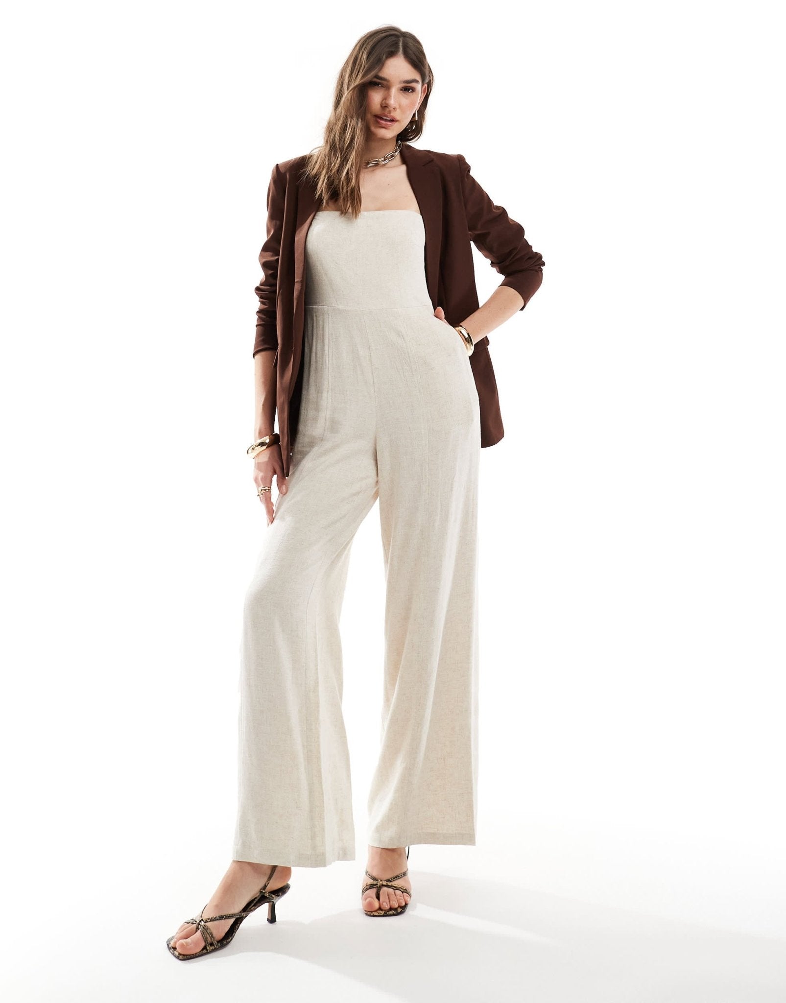 4th & Reckless linen mix bandeau wide leg jumpsuit in beige - ASOS Sample Sale EU Store