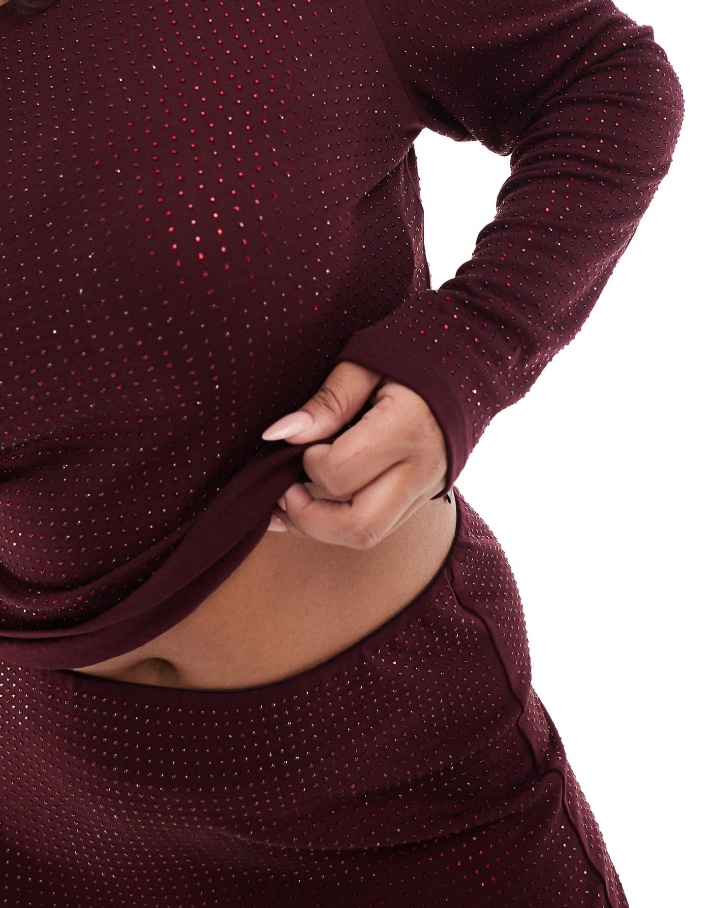 4th & Reckless Plus all over hotfix long sleeve top co - ord in burgundy - ASOS Sample Sale EU Store