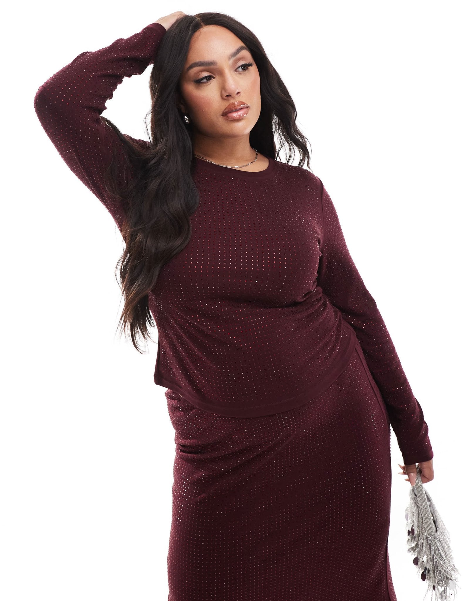 4th & Reckless Plus all over hotfix long sleeve top co - ord in burgundy - ASOS Sample Sale EU Store
