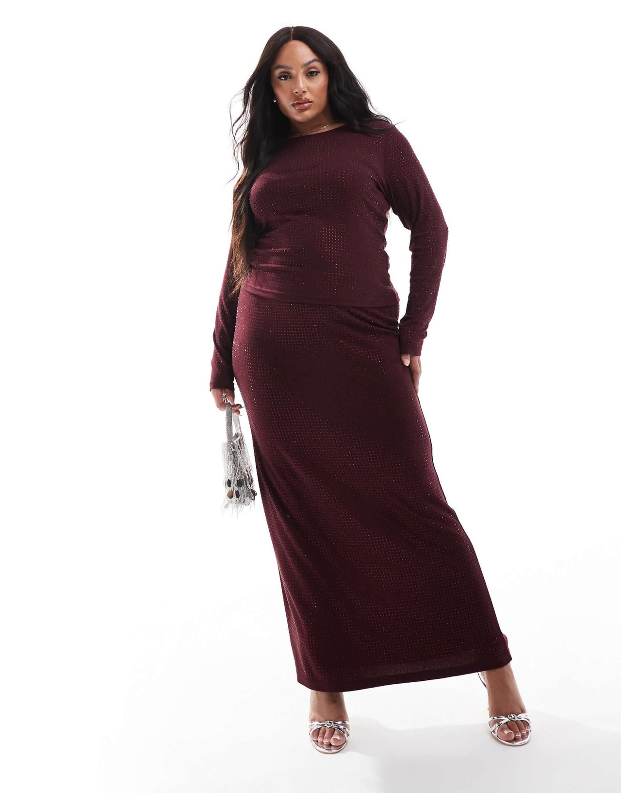 4th & Reckless Plus all over hotfix long sleeve top co - ord in burgundy - ASOS Sample Sale EU Store