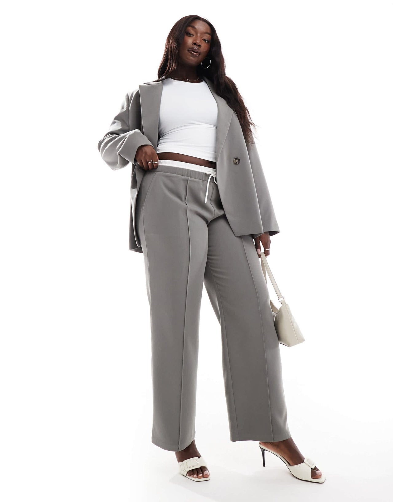 4th & Reckless Plus exclusive tailored straight leg drawstring contrast waistband trouser co - ord in charcoal - ASOS Sample Sale EU Store