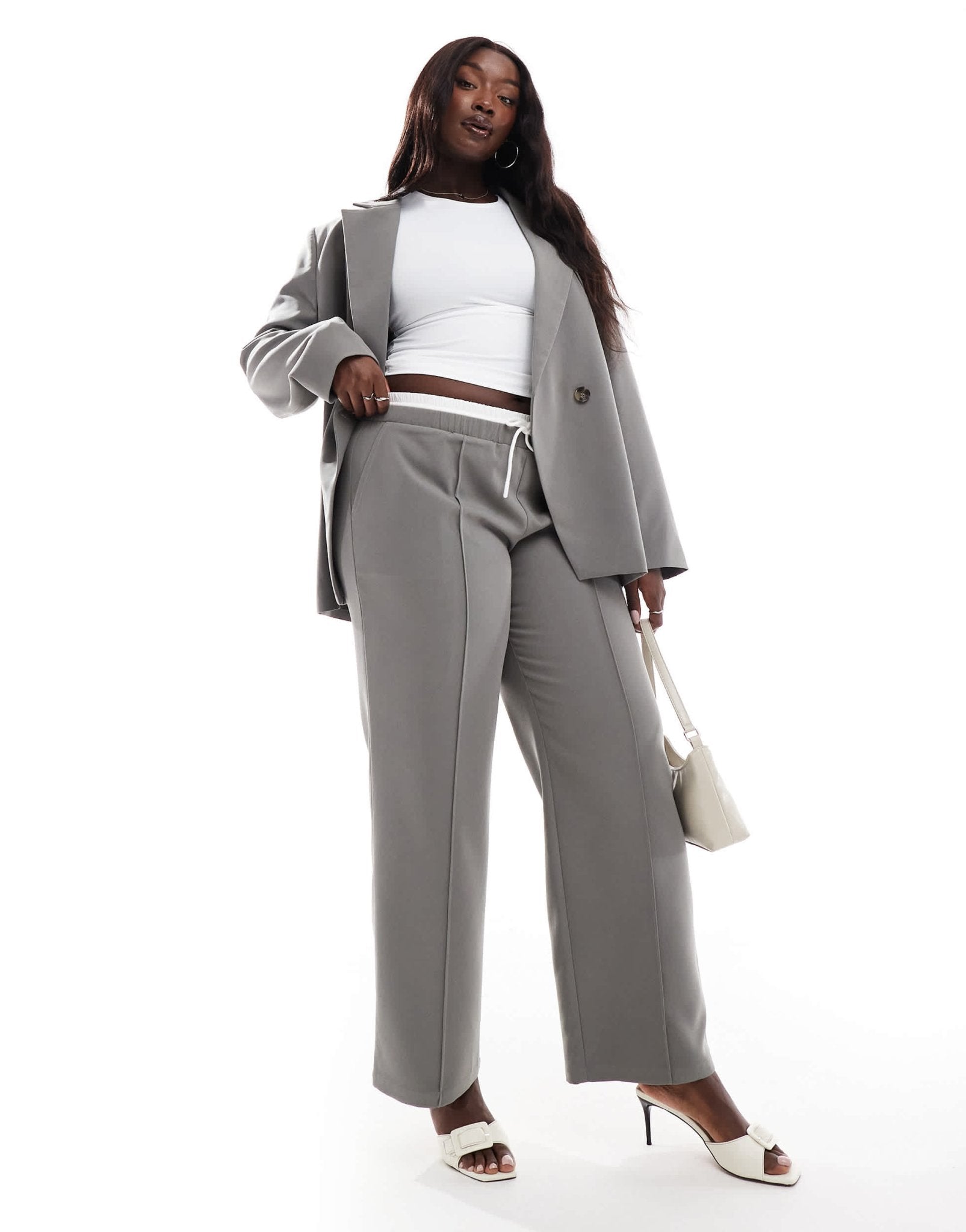 4th & Reckless Plus exclusive tailored straight leg drawstring contrast waistband trouser co - ord in charcoal - ASOS Sample Sale EU Store