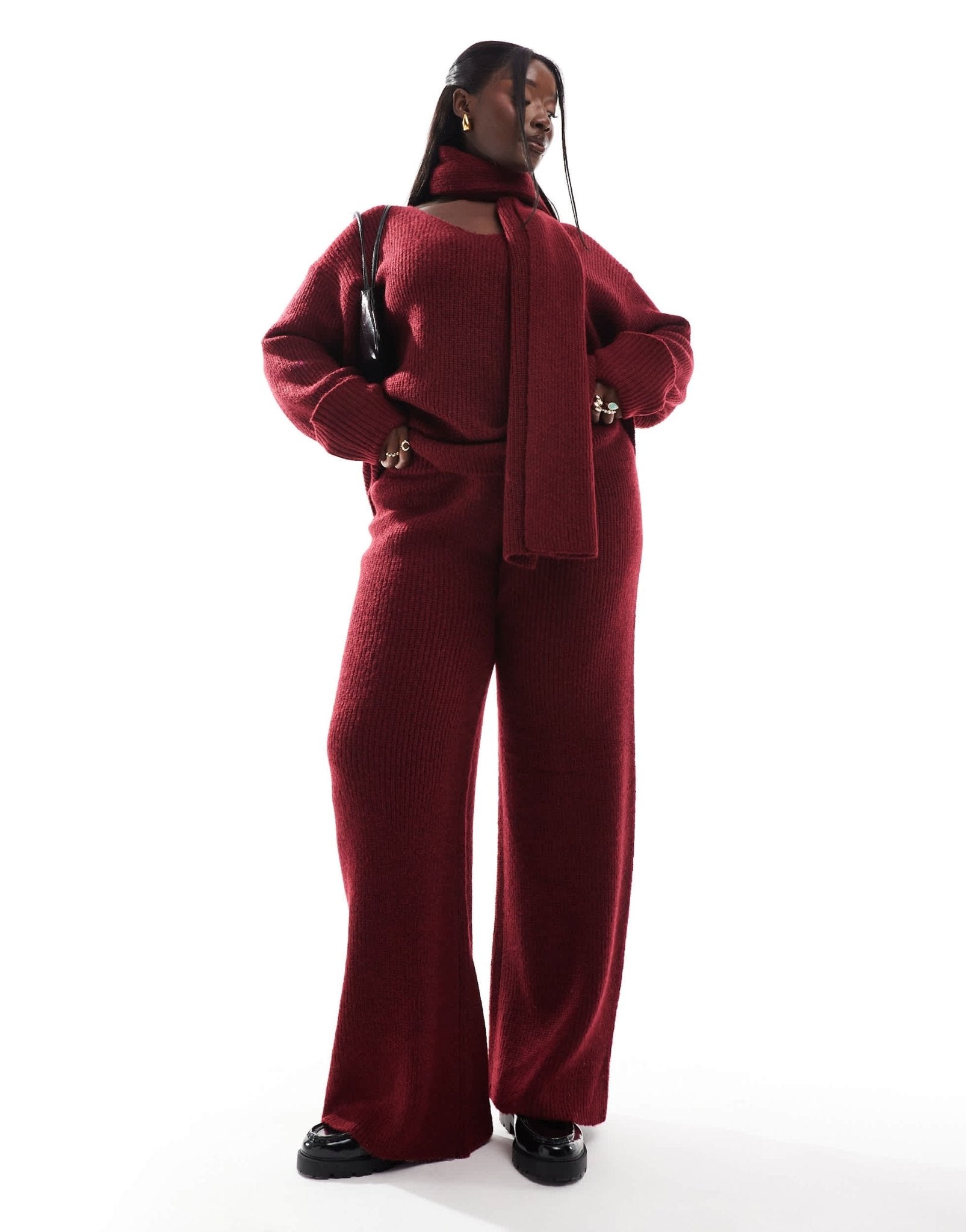 4th & Reckless Plus knitted wide leg trousers co - ord in burgundy - ASOS Sample Sale EU Store