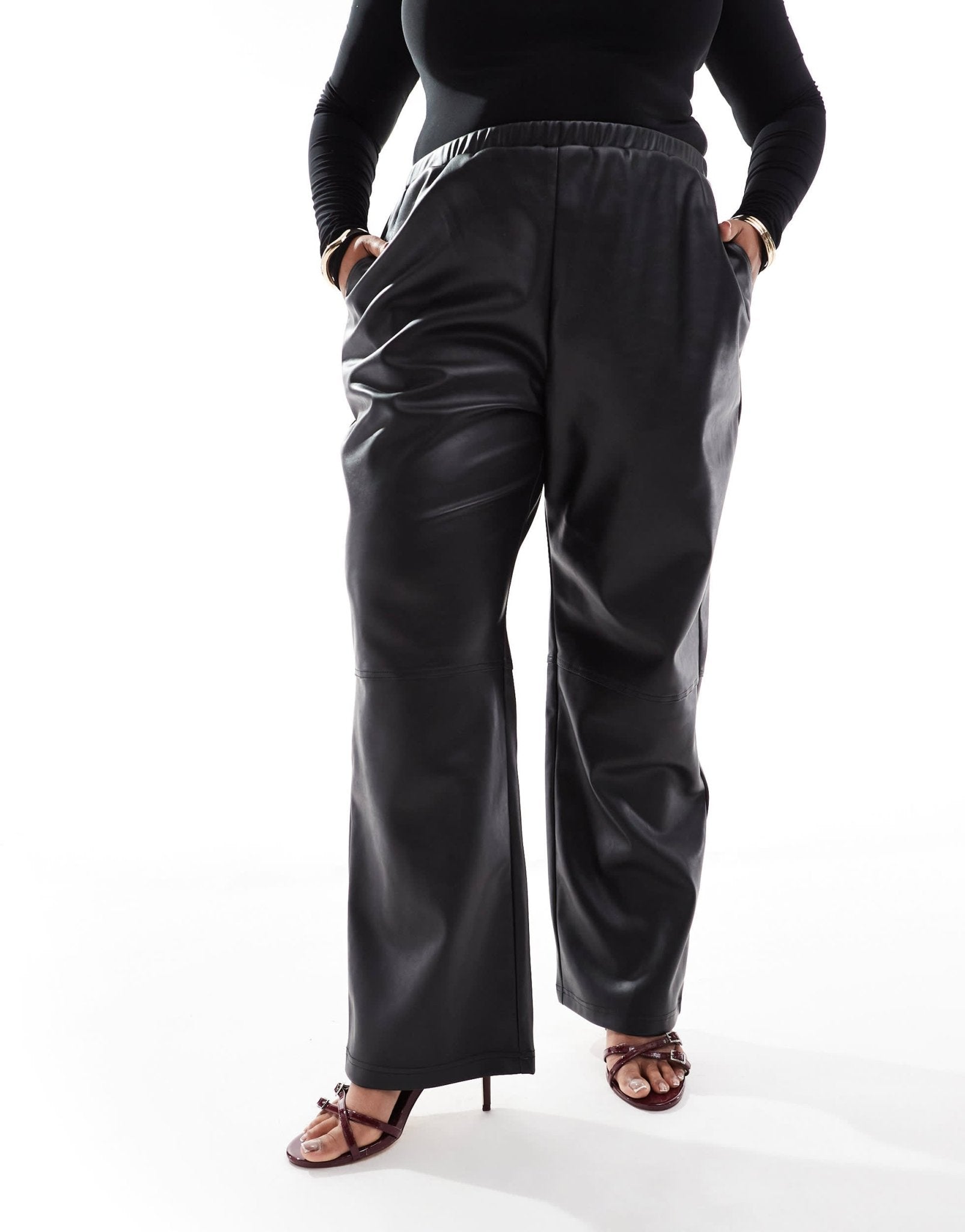 4th & Reckless Plus leather look straight leg pull on trousers in black - ASOS Sample Sale EU Store