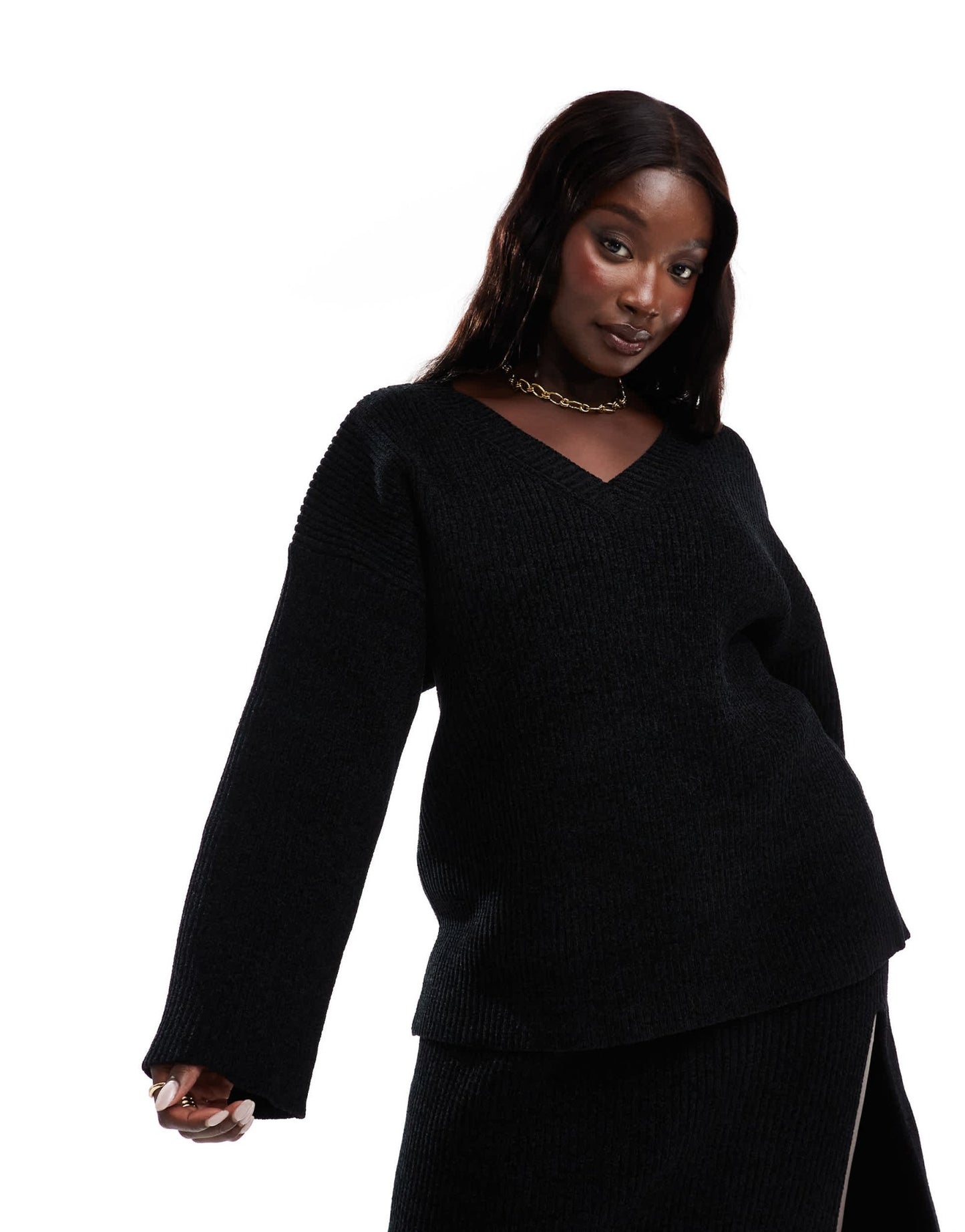 4th & Reckless Plus ribbed knit v neck oversized jumper co - ord in black - ASOS Sample Sale EU Store