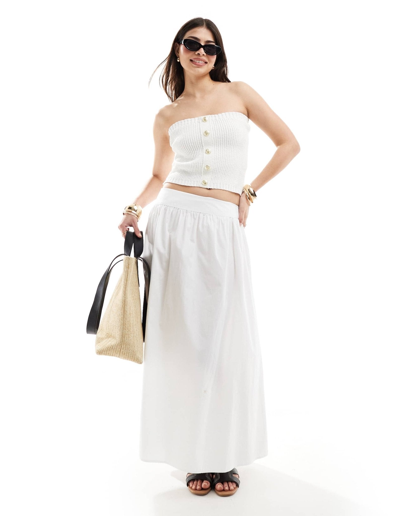 4th & Reckless ribbed knit bandeau gold button detail top in off white - ASOS Sample Sale EU Store