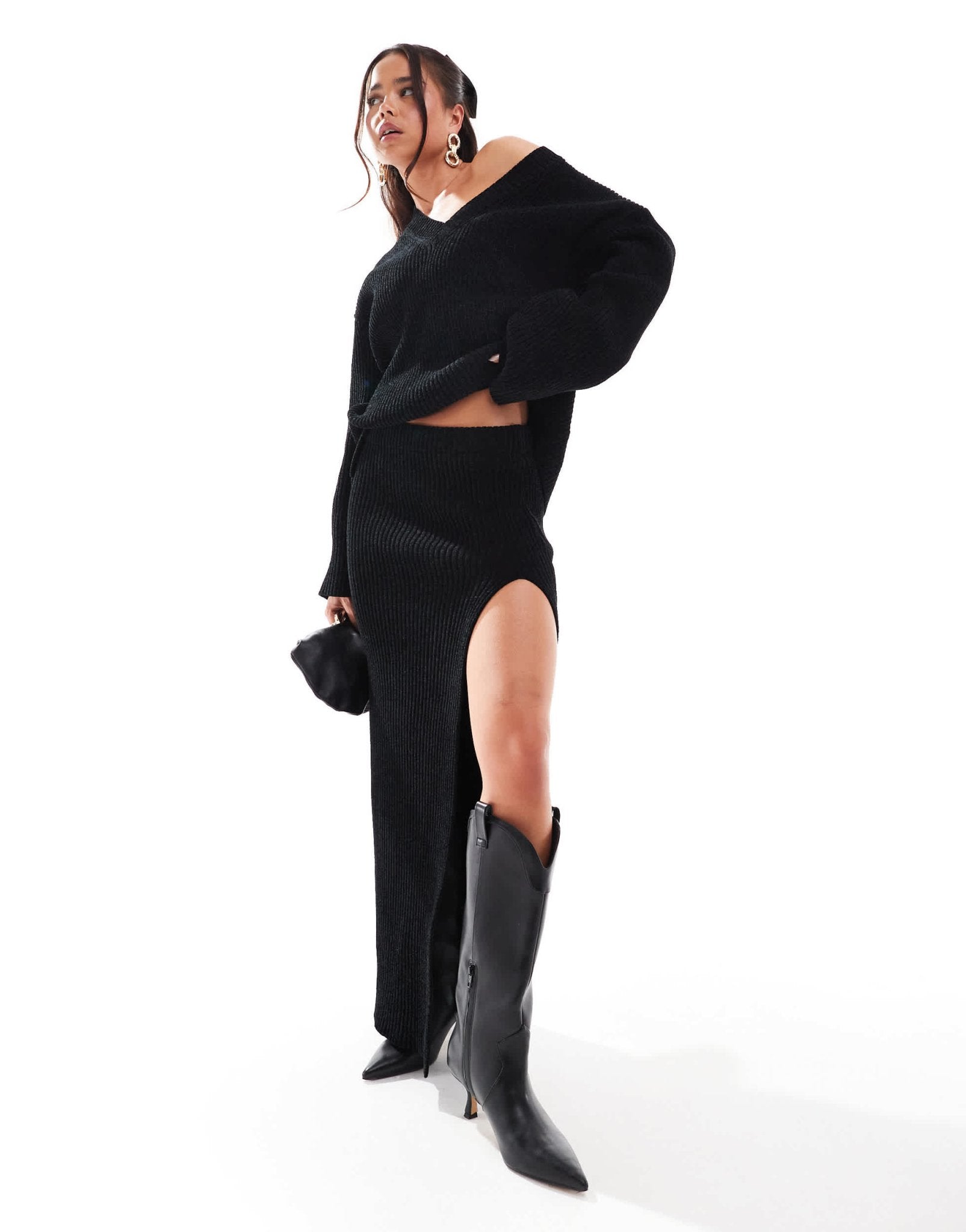 4th & Reckless soft rib v neck oversized jumper co - ord in black - ASOS Sample Sale EU Store