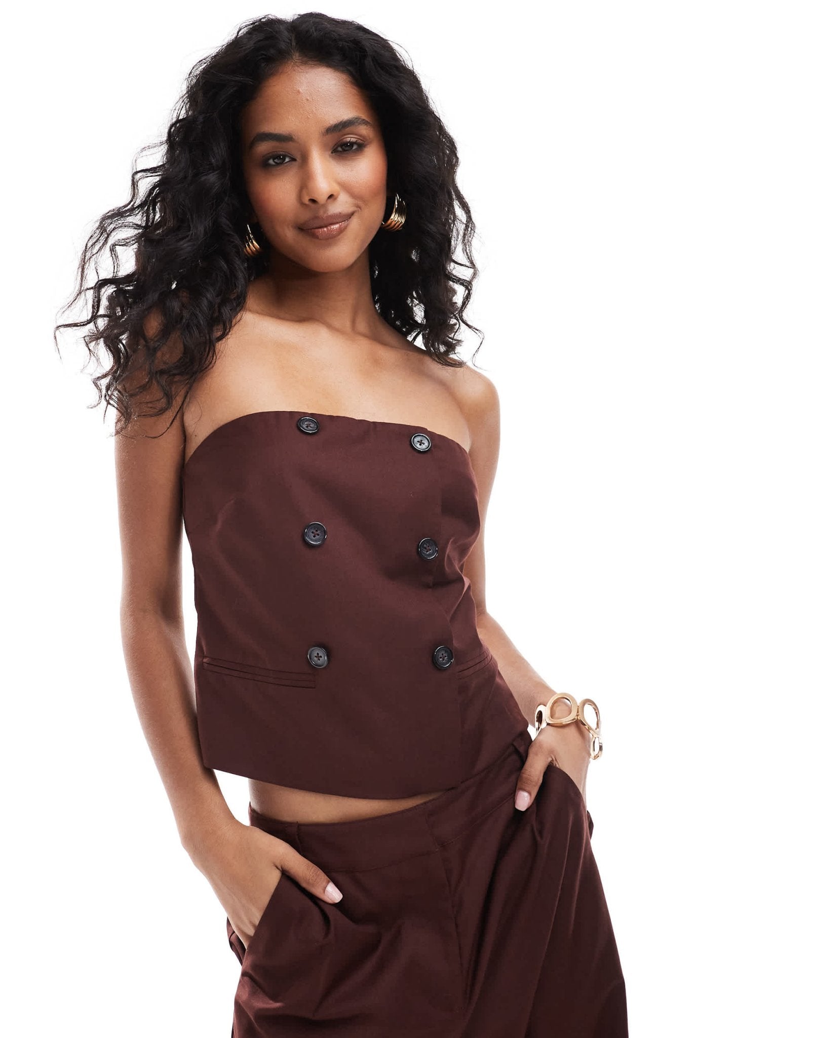 4th & Reckless tailored contrast button bandeau top co - ord in burgundy - ASOS Sample Sale EU Store