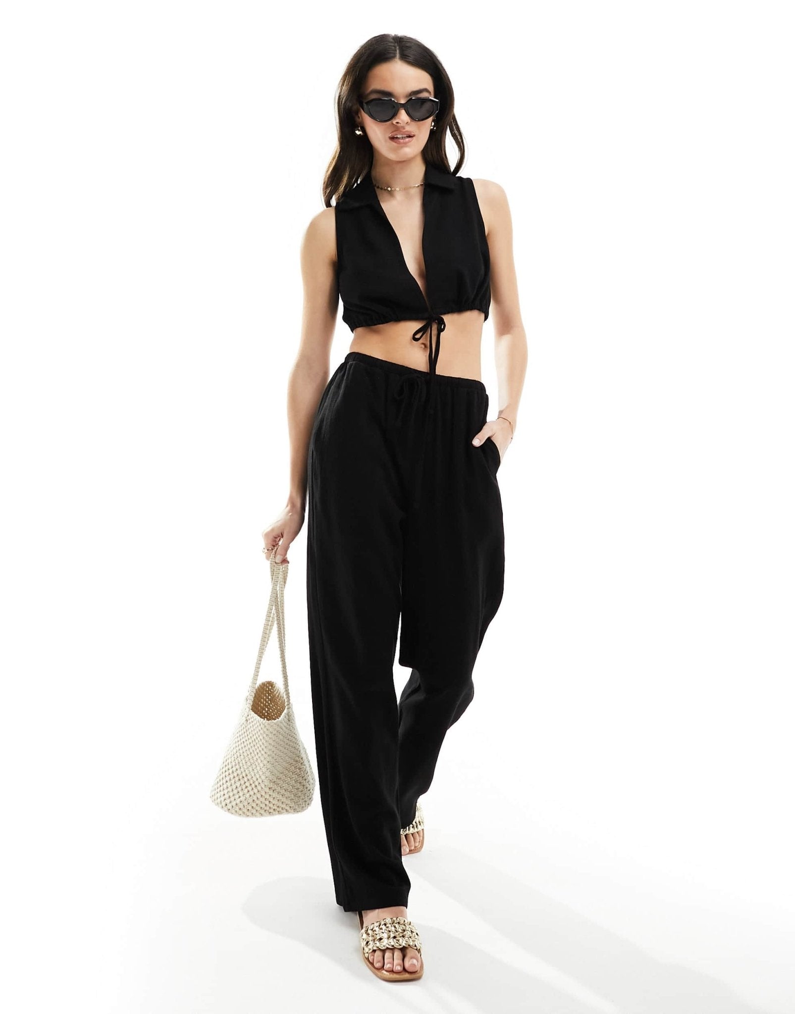 4th & Reckless tie front beach trouser co - ord in black - ASOS Sample Sale EU Store