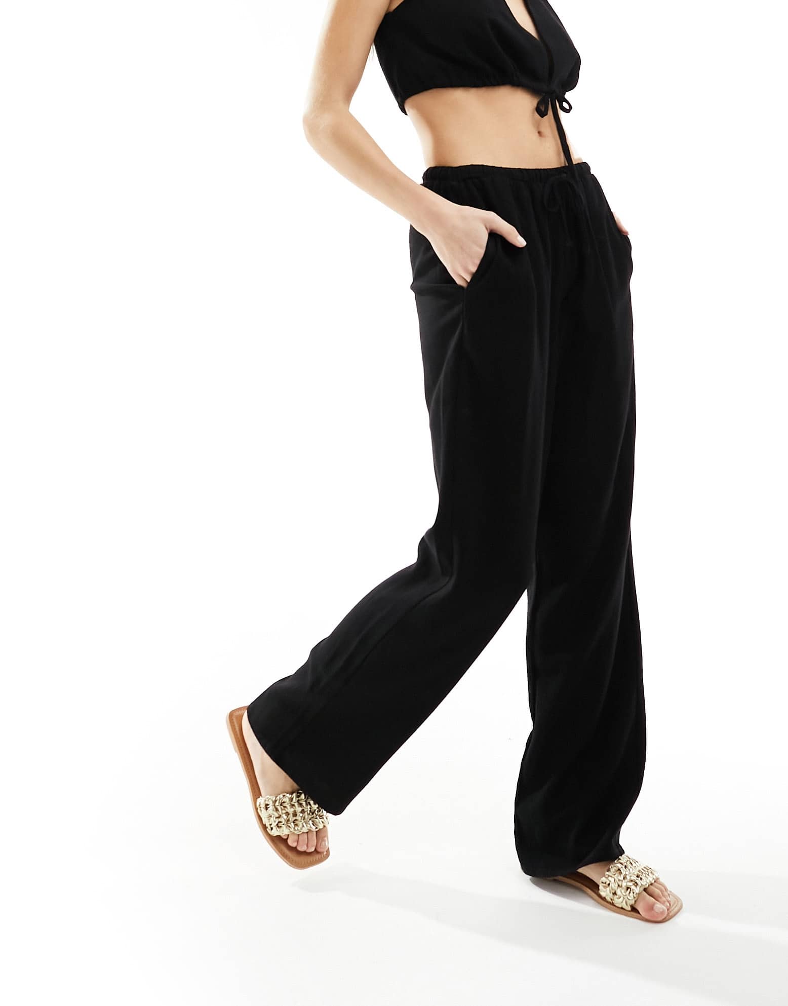 4th & Reckless tie front beach trouser co - ord in black - ASOS Sample Sale EU Store