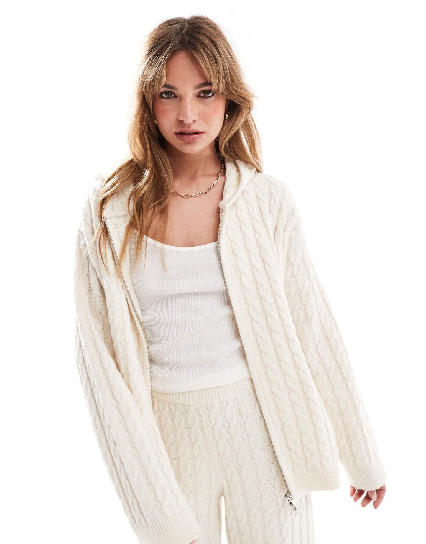 4th & Reckless wool mix cable knit longline hoodie co - ord in cream - ASOS Sample Sale EU Store