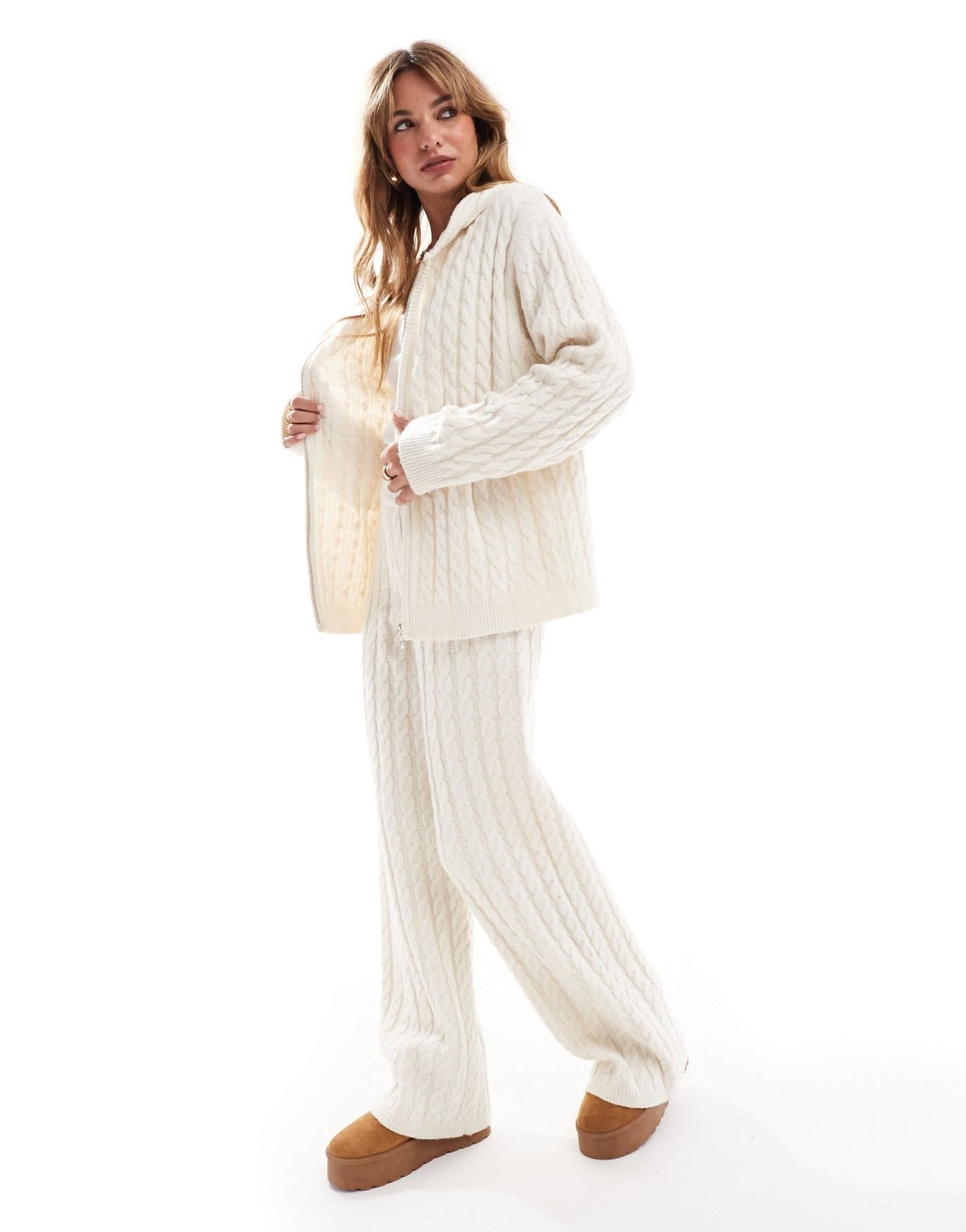 4th & Reckless wool mix cable knit longline hoodie co - ord in cream - ASOS Sample Sale EU Store