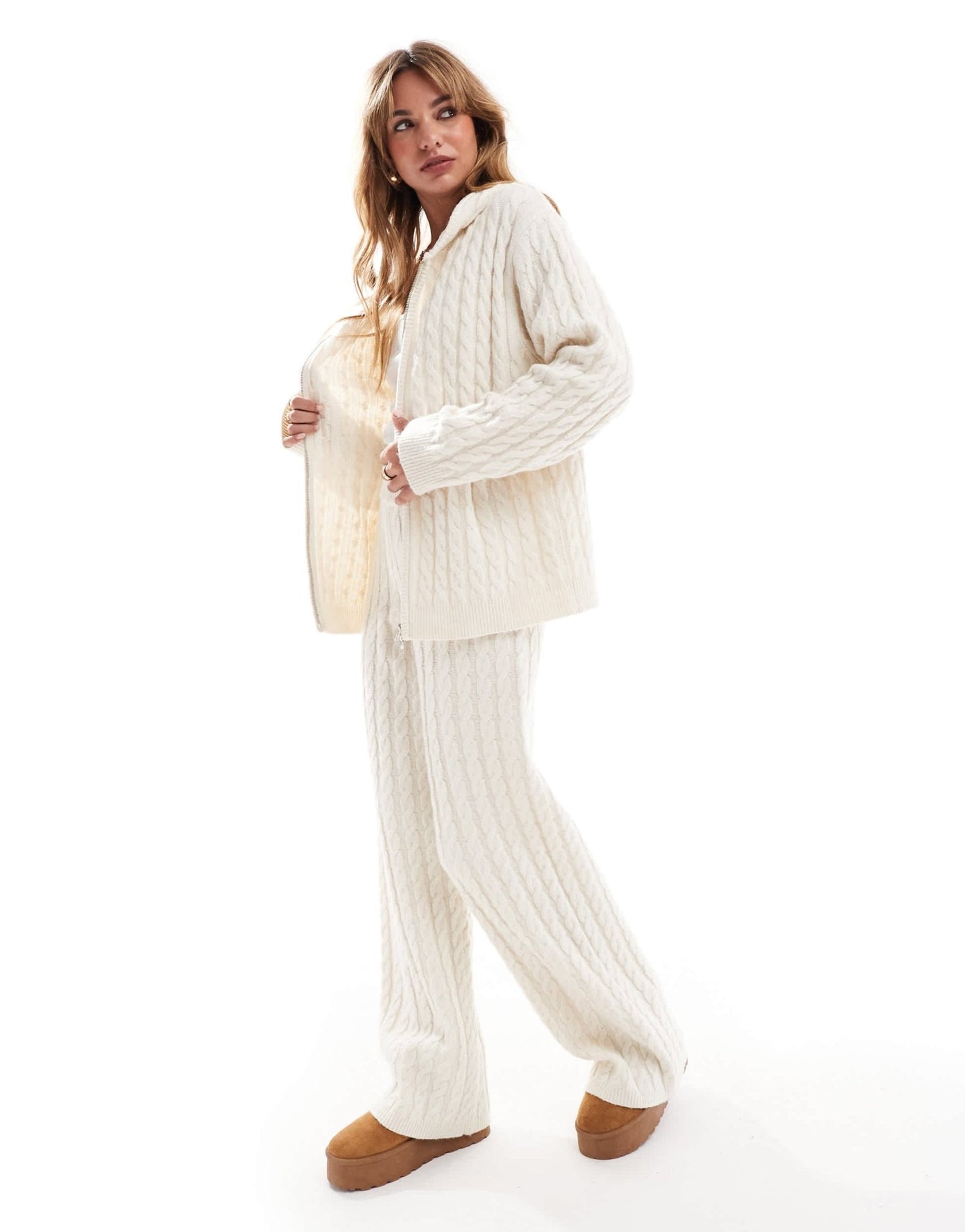 4th & Reckless wool mix cable knit longline hoodie co - ord in cream - ASOS Sample Sale EU Store