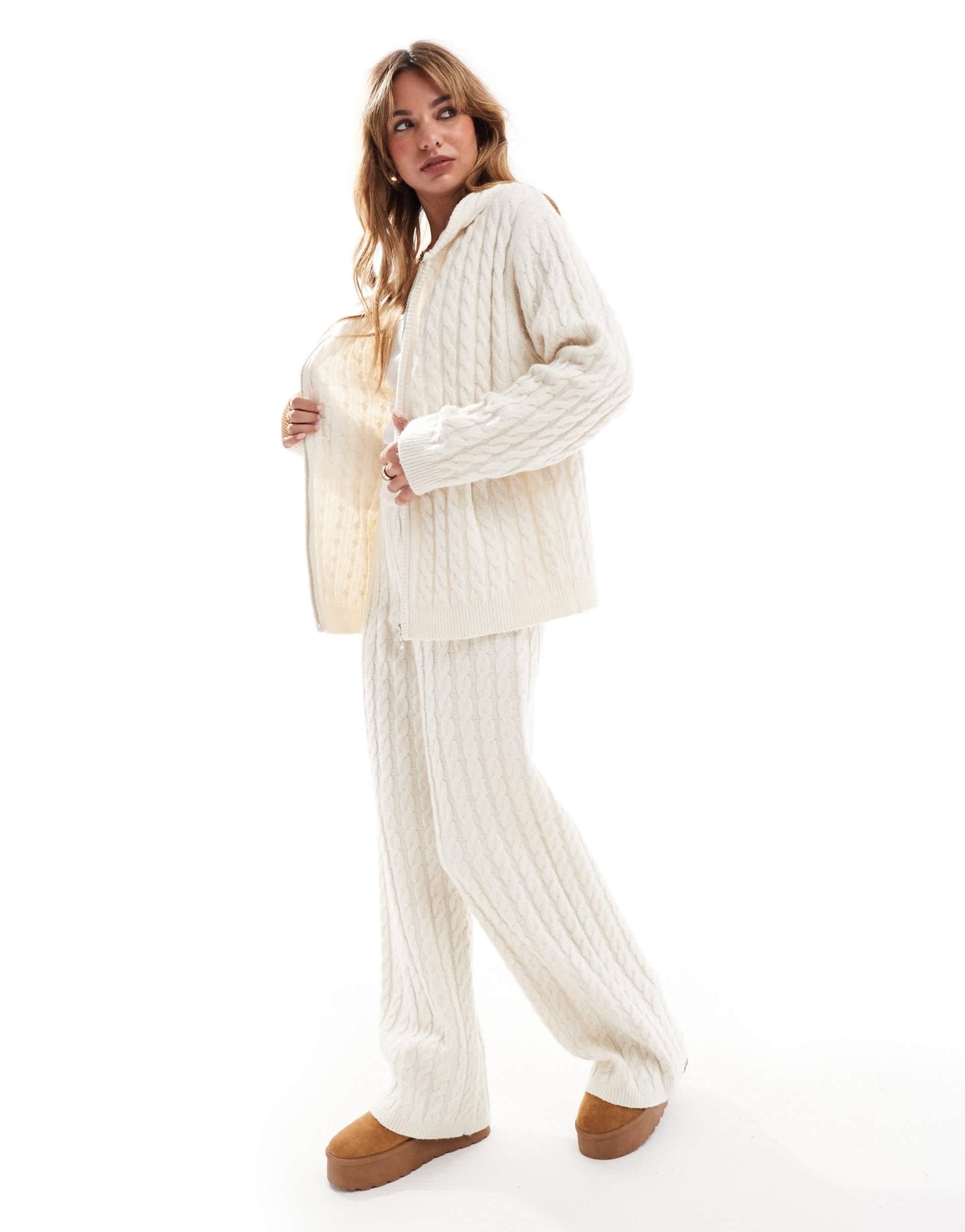 4th & Reckless wool mix cable knit longline hoodie co - ord in cream - ASOS Sample Sale EU Store