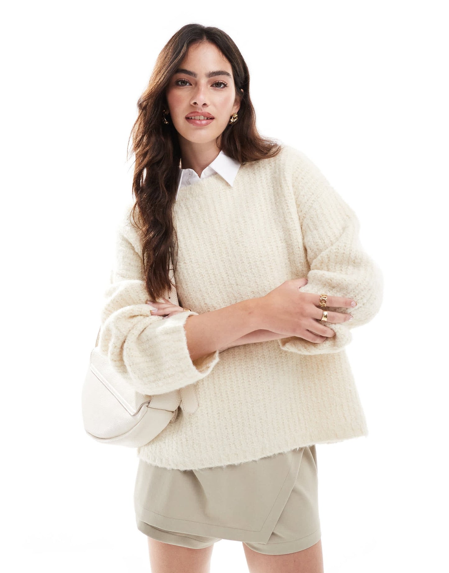 4th & Reckless wool mix textured rib wide sleeve jumper in cream - ASOS Sample Sale EU Store