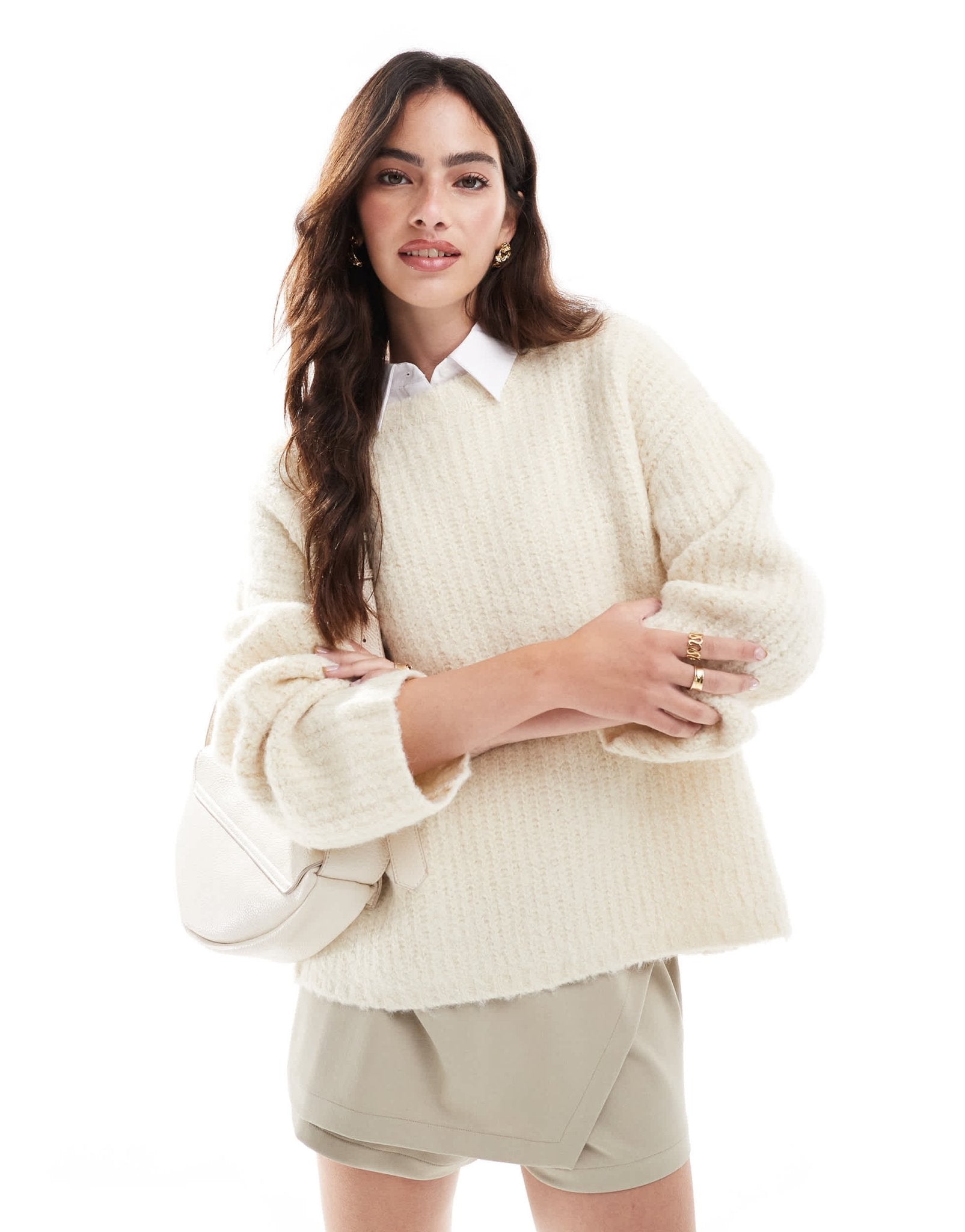 4th & Reckless wool mix textured rib wide sleeve jumper in cream - ASOS Sample Sale EU Store