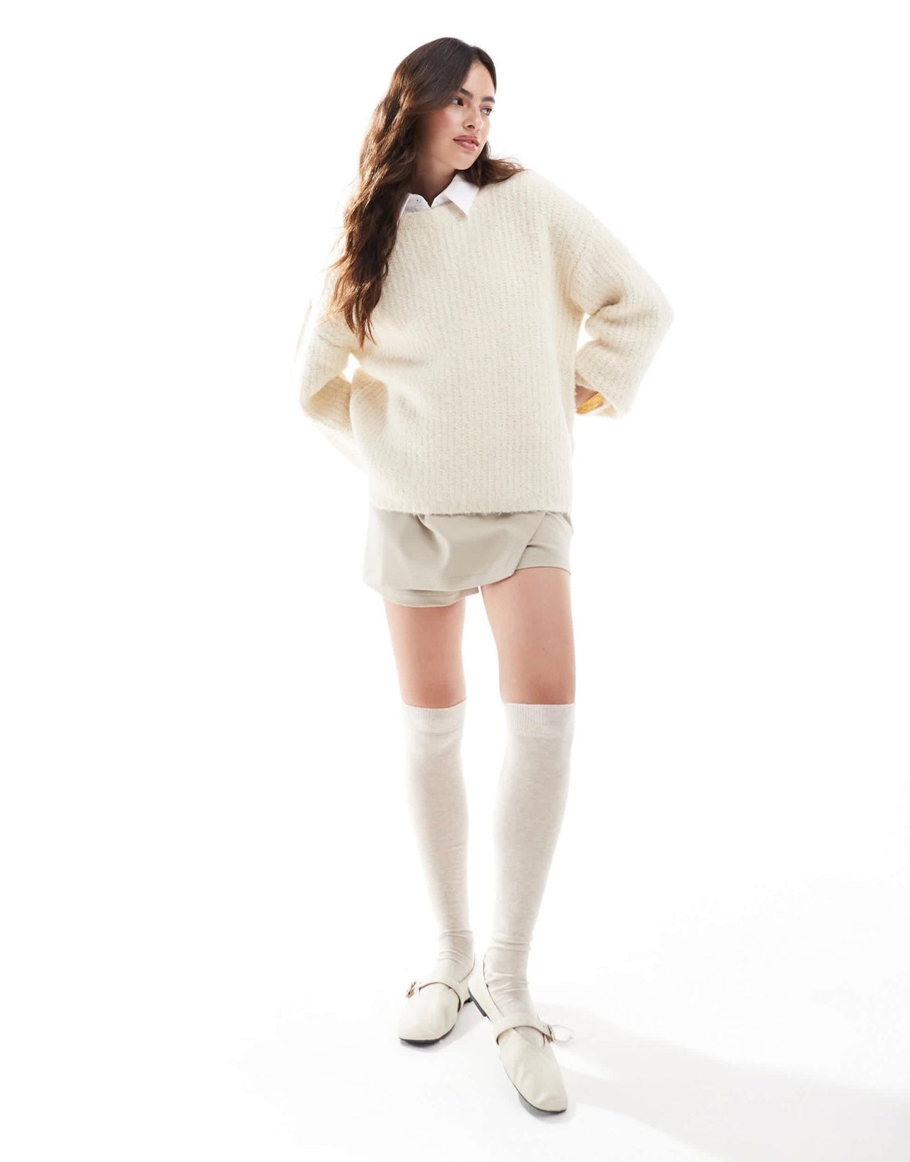 4th & Reckless wool mix textured rib wide sleeve jumper in cream - ASOS Sample Sale EU Store