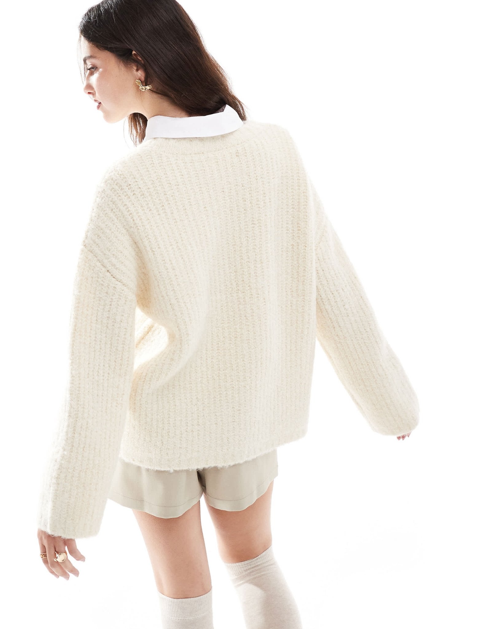 4th & Reckless wool mix textured rib wide sleeve jumper in cream - ASOS Sample Sale EU Store