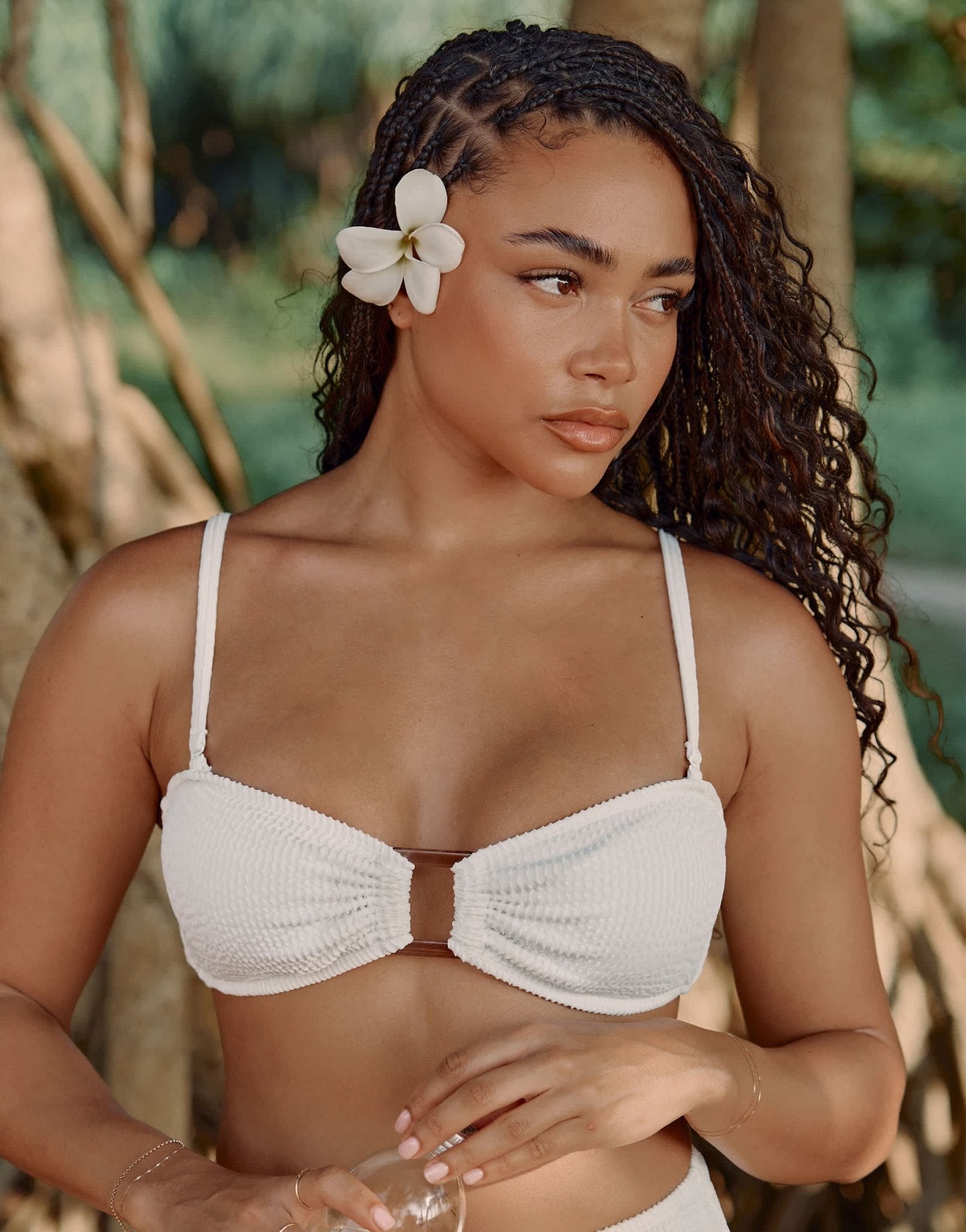 4th & Reckless x Loz Vassallo lulu tortoise square buckle crinkle crop bikini top in cream - ASOS Sample Sale EU Store
